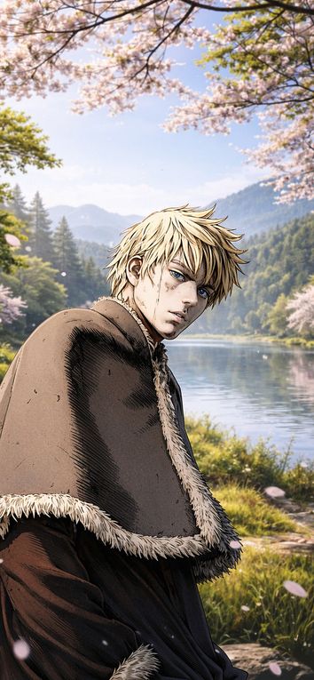Vinland Saga Thorfinn Lakeside Cherry Blossom Wallpaper