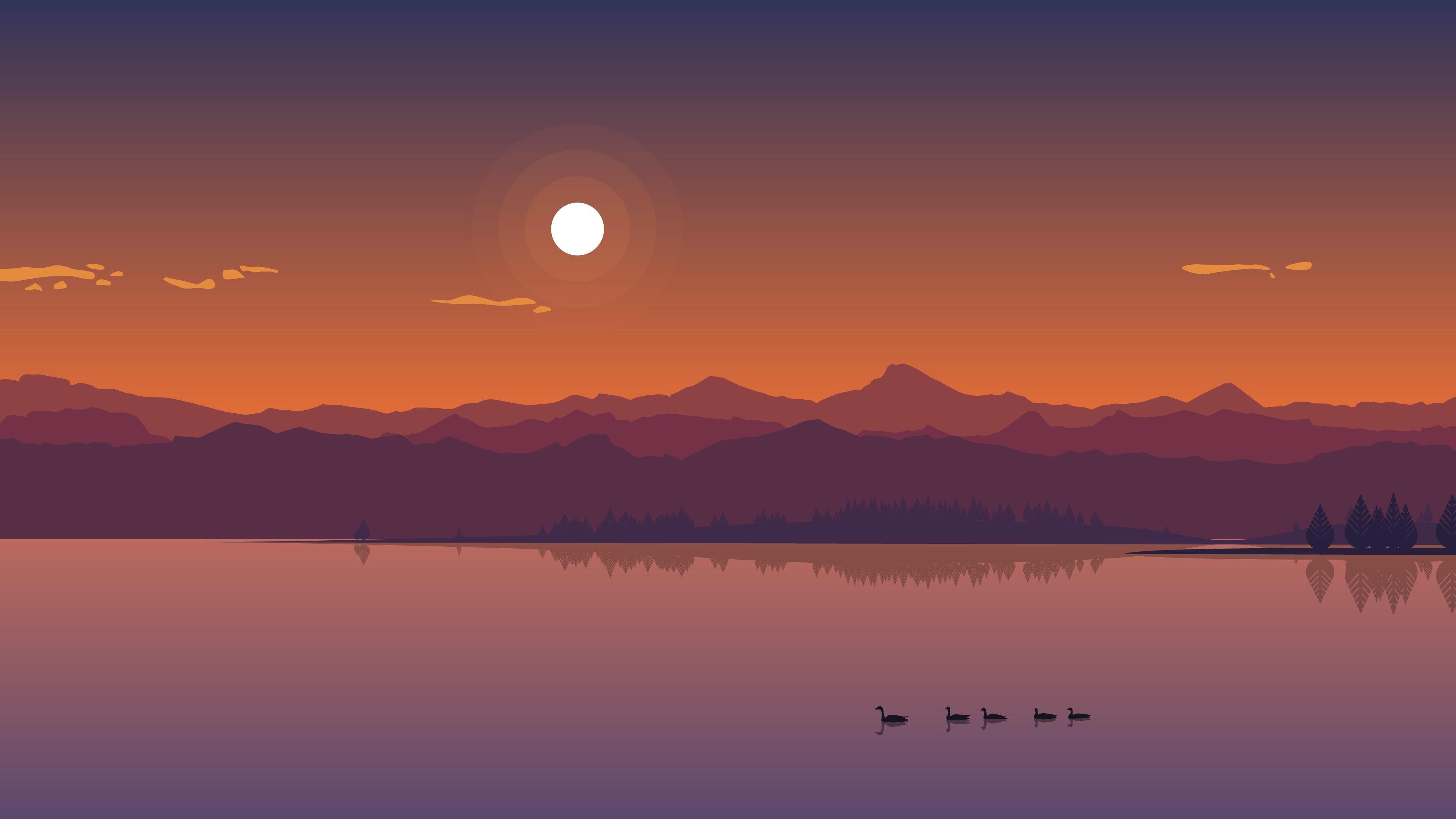Papel de Parede de Lago ao Pôr do Sol Minimalista - Resolução Alta 4K