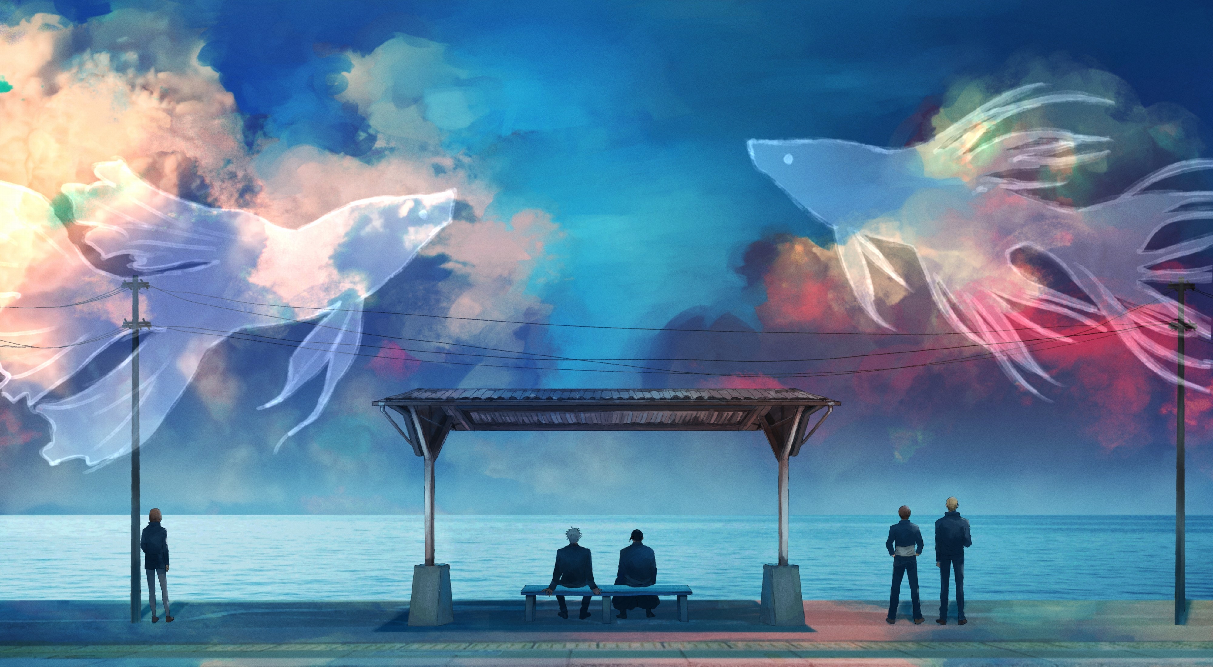 Jujutsu Kaisen Seaside Bus Stop Fantasy Wallpaper