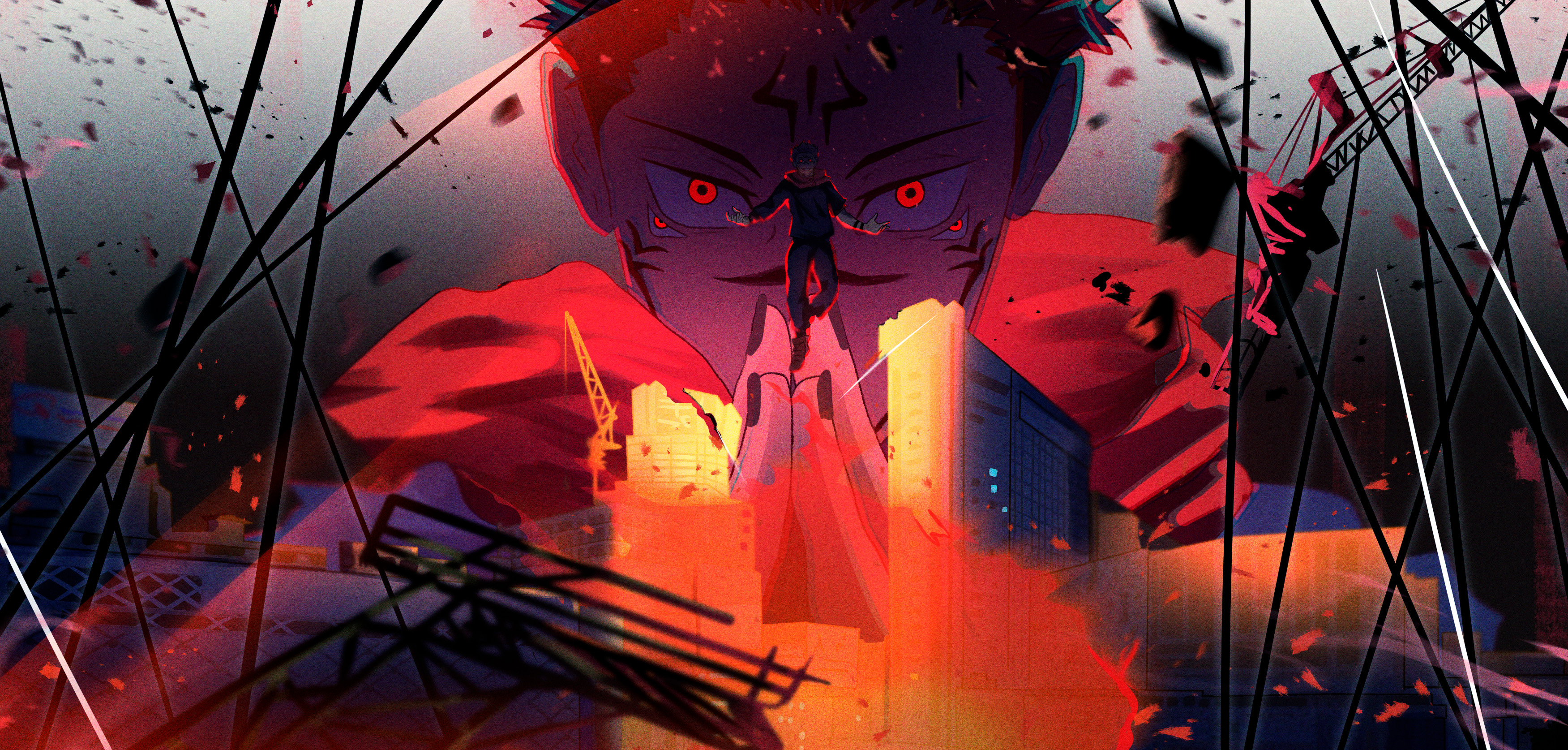 Jujutsu Kaisen Sukuna Cityscape Destruction Wallpaper