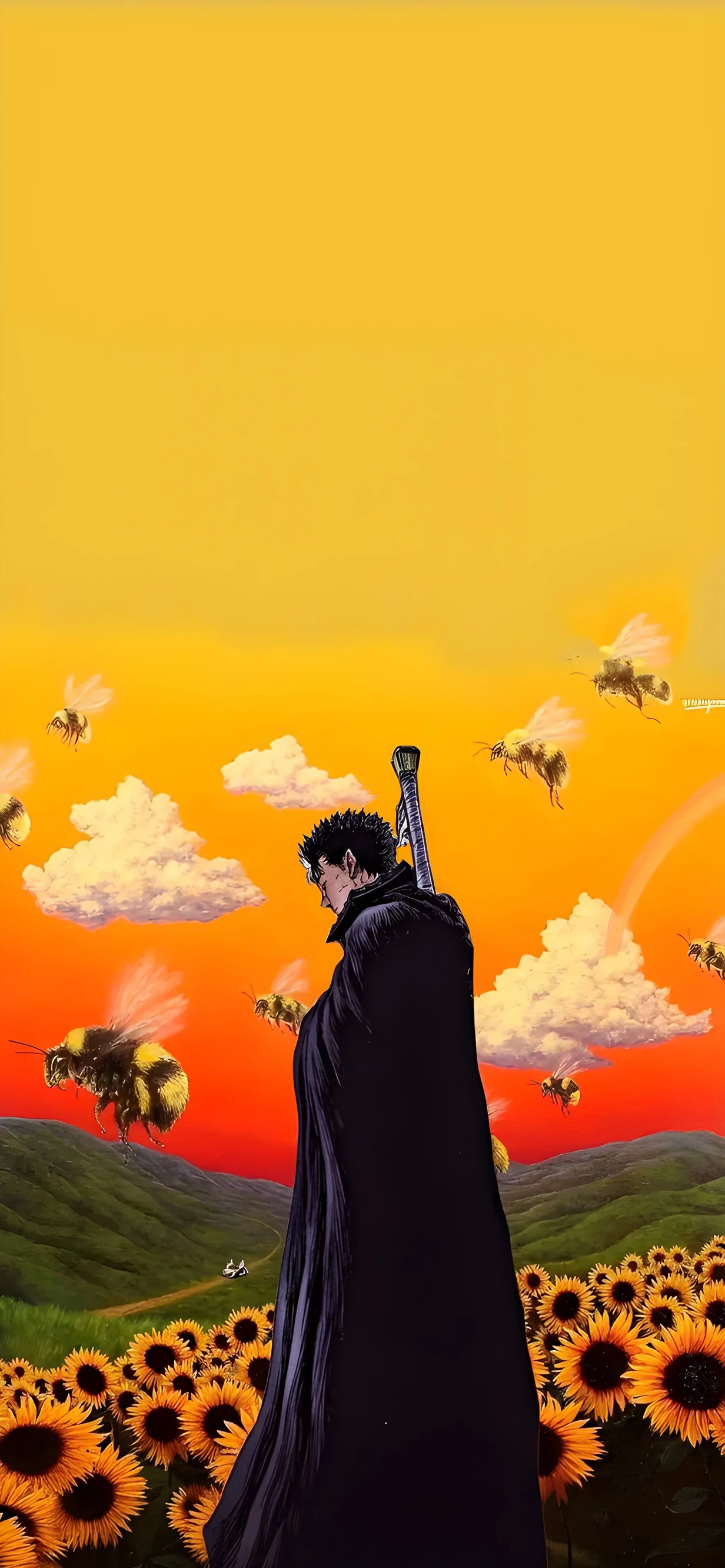 Tapet Berserk Guts Câmp de Floarea-Soarelui Apus de Soare