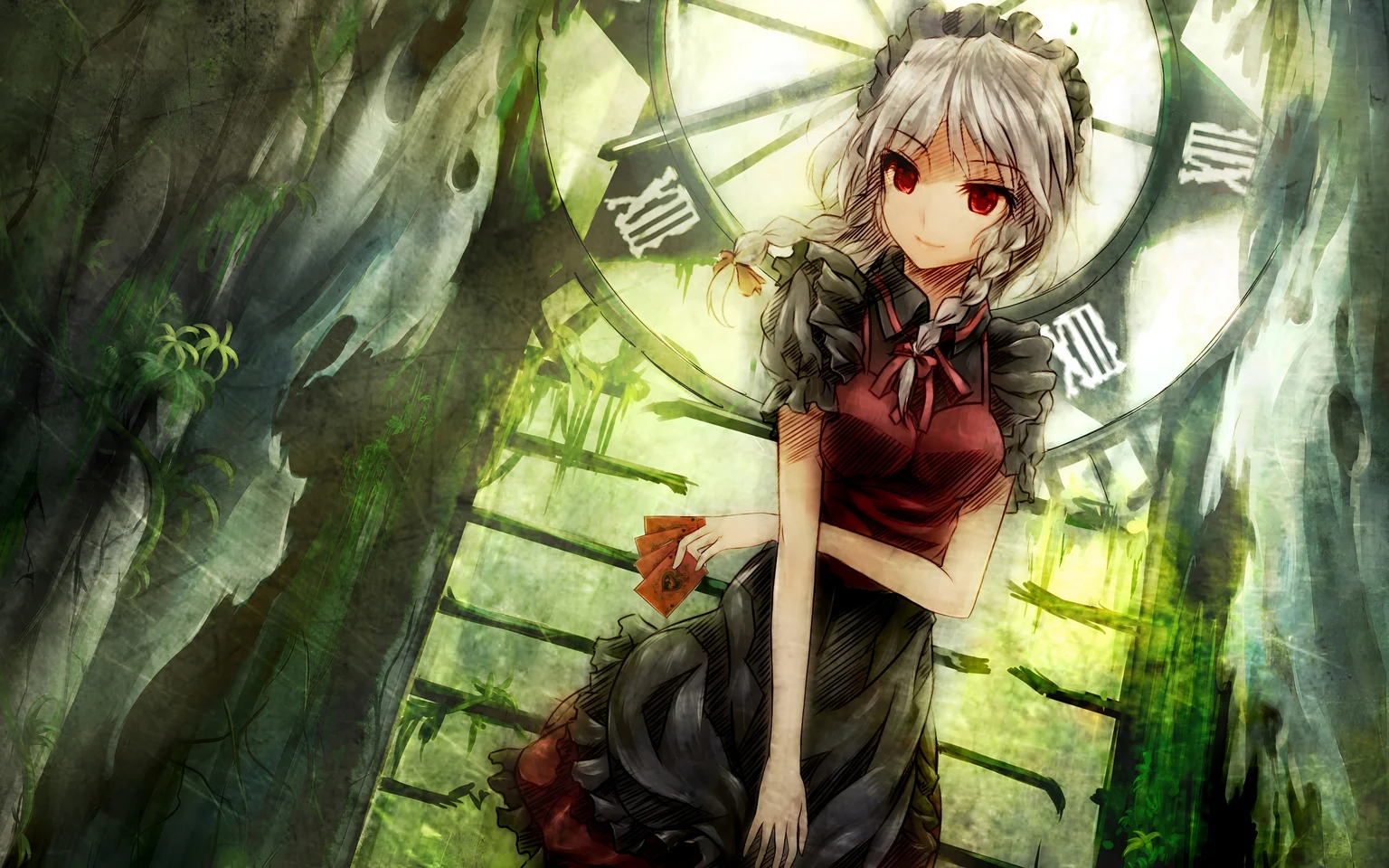 Sakuya Izayoi Touhou Project Forest Clock Wallpaper