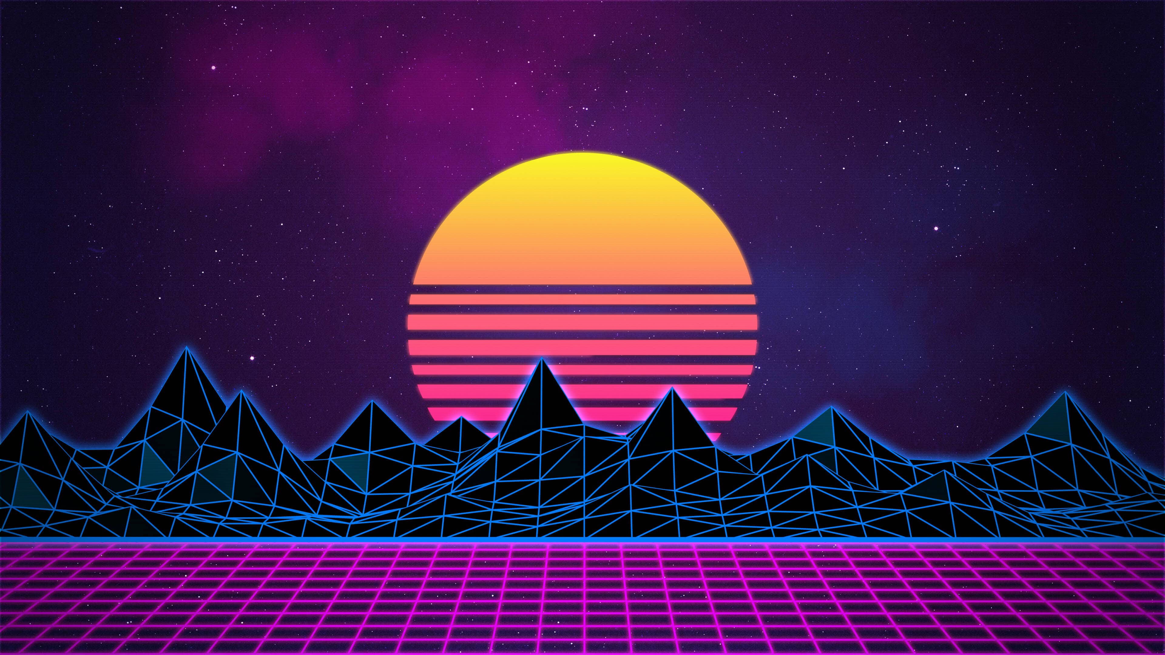 Synthwave Retro Sunset Mountain Grid Wallpaper