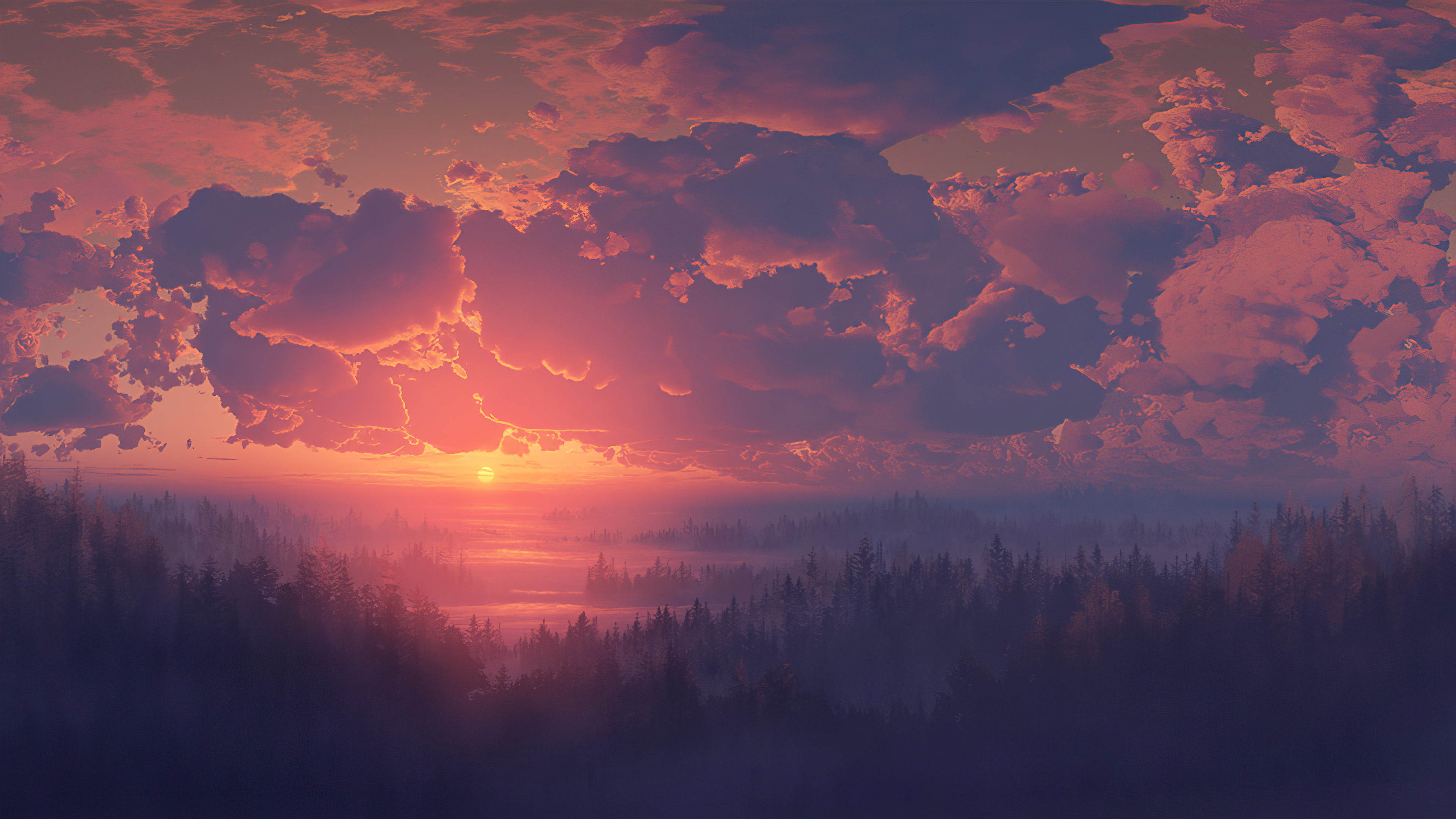 Anime Forest Sunset Wallpaper at Golden Hour