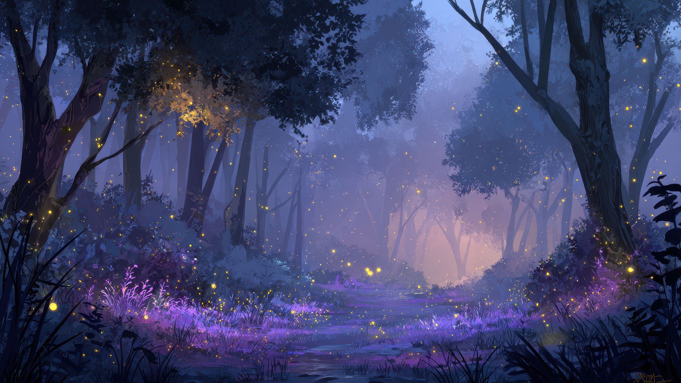 Anime Enchanted Forest Night Fireflies Wallpaper