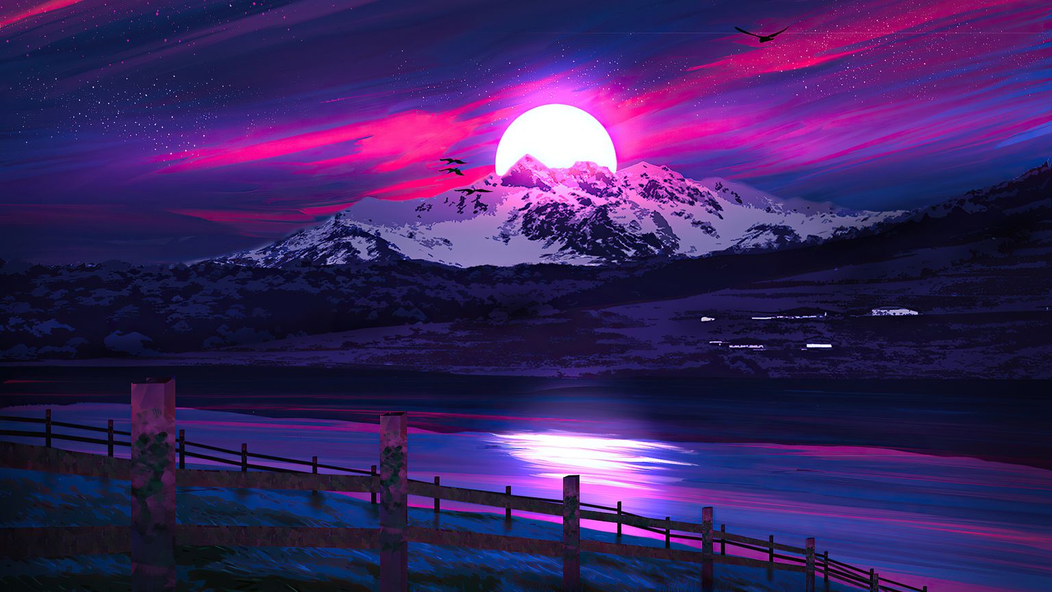 Synthwave Mountain Moonrise Wallpaper
