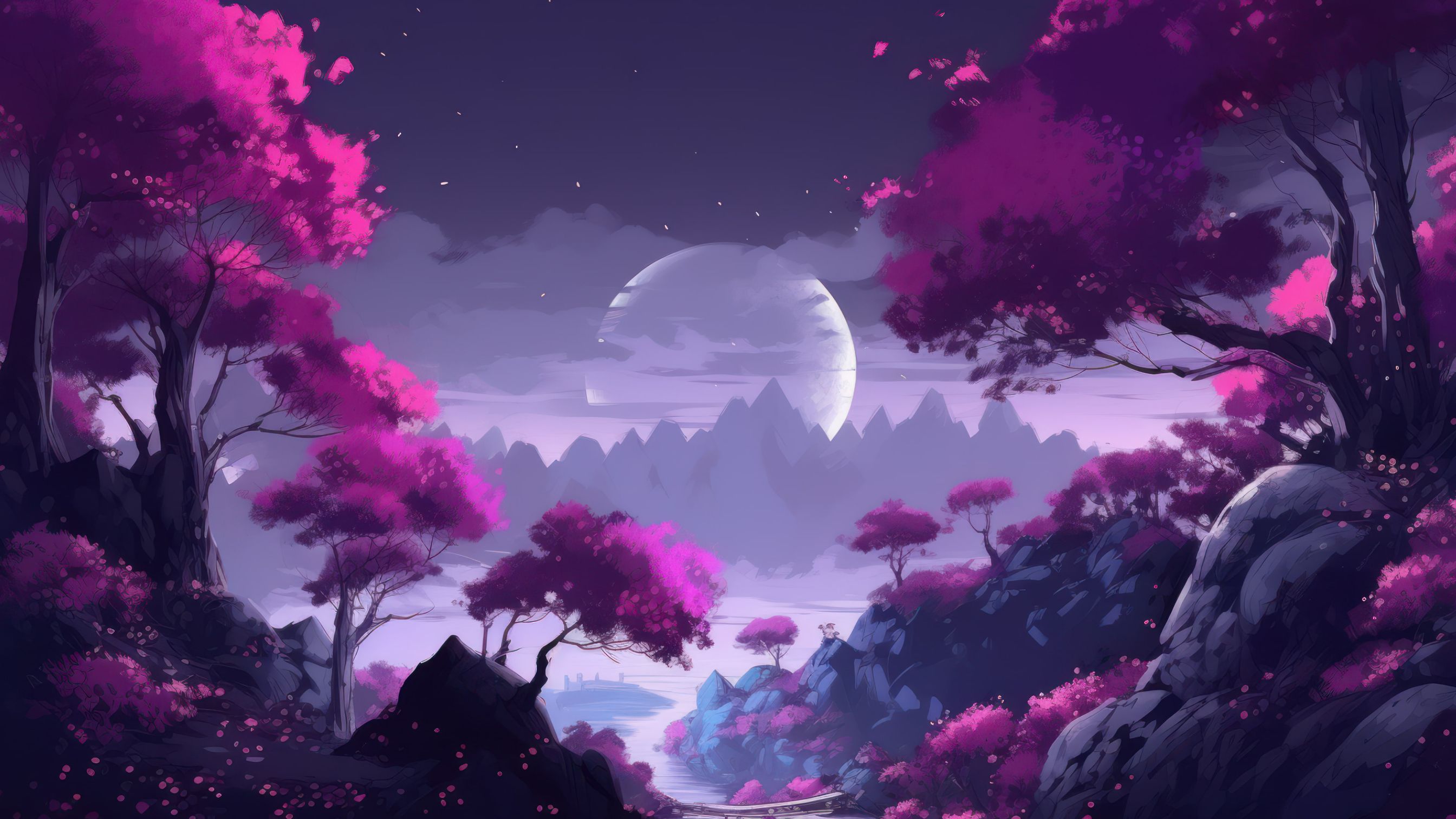 Mystic Cherry Blossom Moon Wallpaper