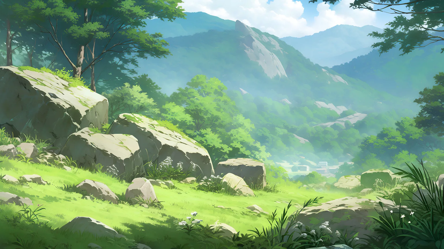 Anime-Bergtal-Landschaft Hintergrundbild