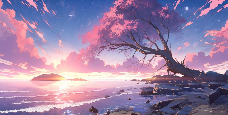 Anime Cherry Blossom Beach Sunset Wallpaper