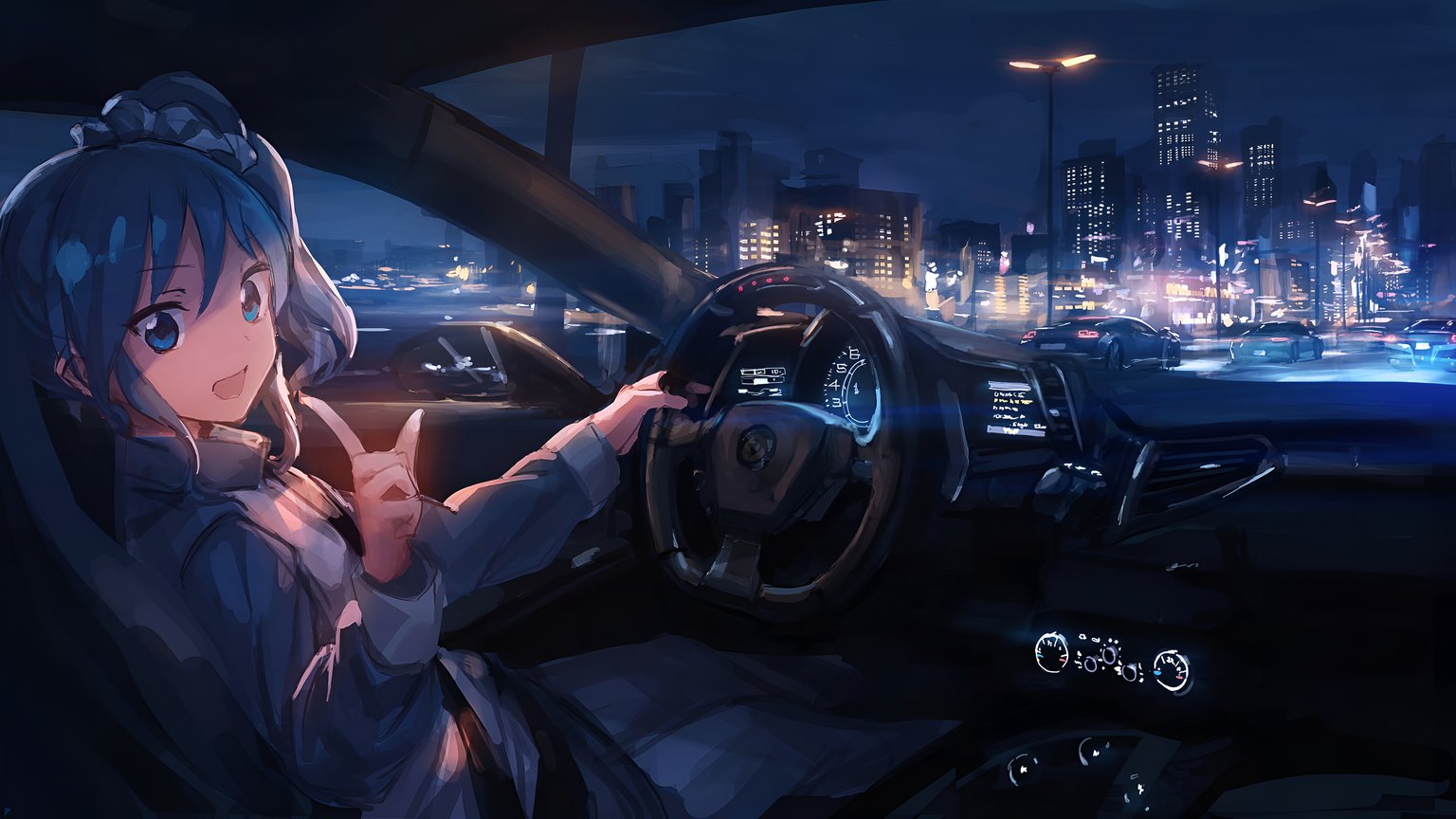 Anime Girl Driving Car at Night City Wallpaper