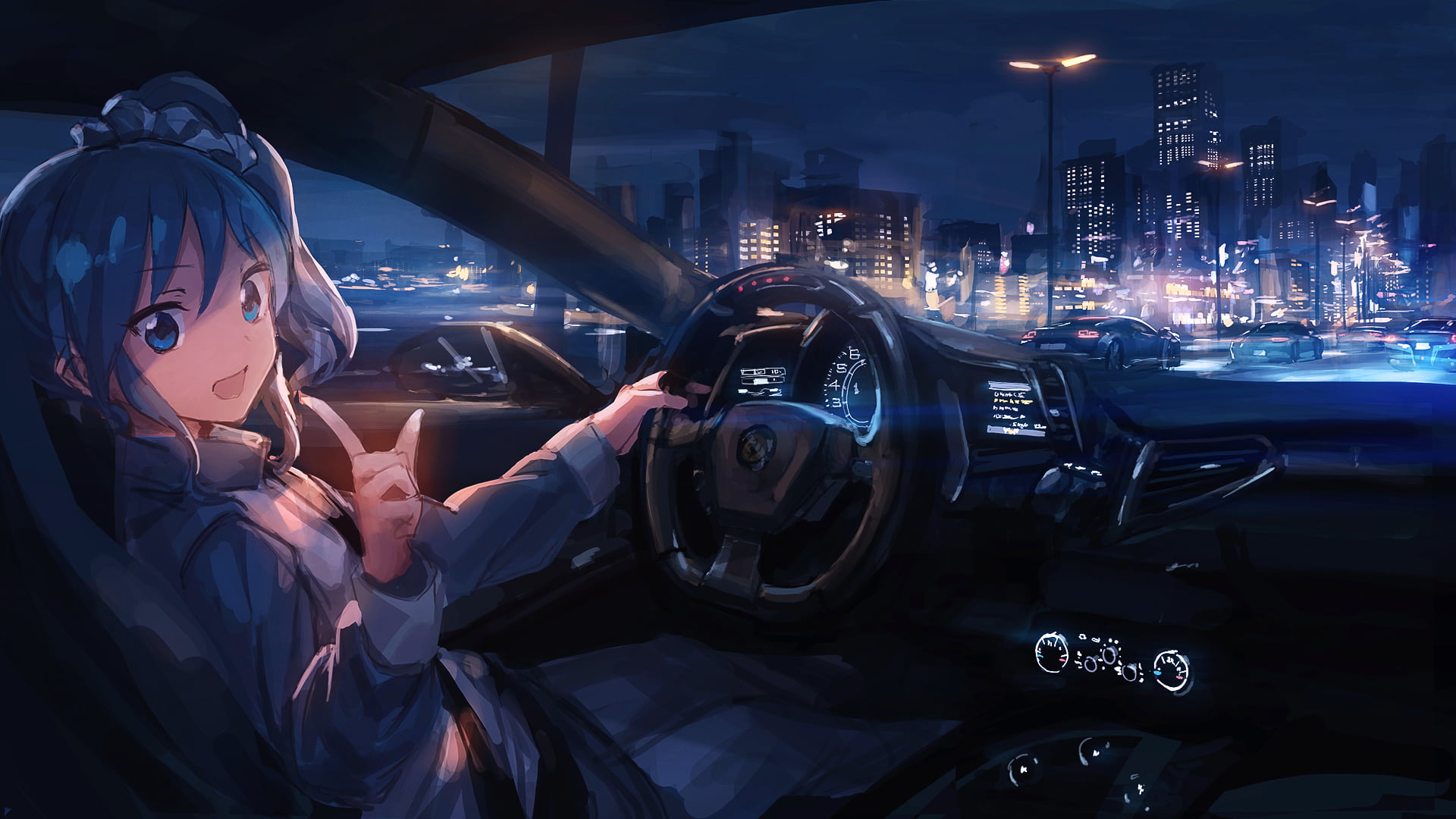 Anime Girl Driving Car at Night City Wallpaper