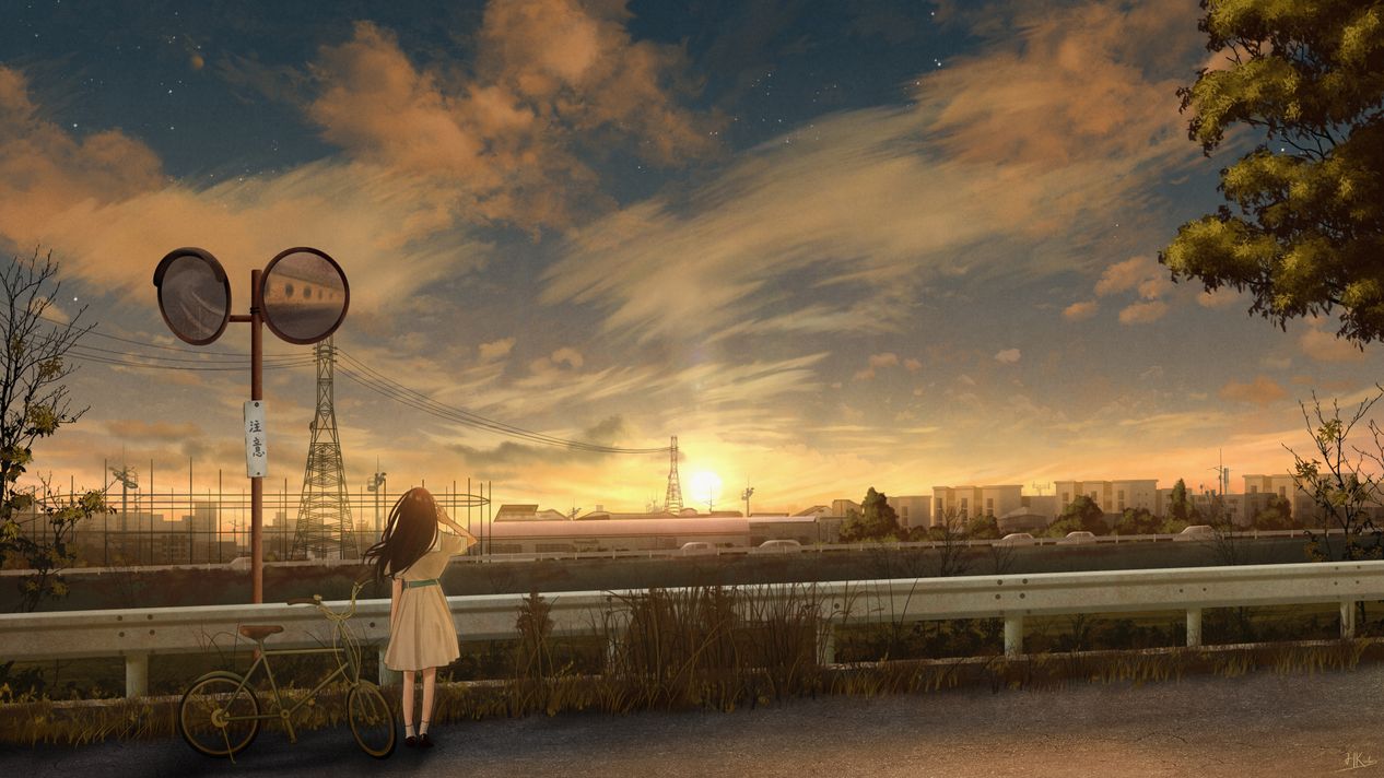 Anime Girl Sunset Cityscape Wallpaper