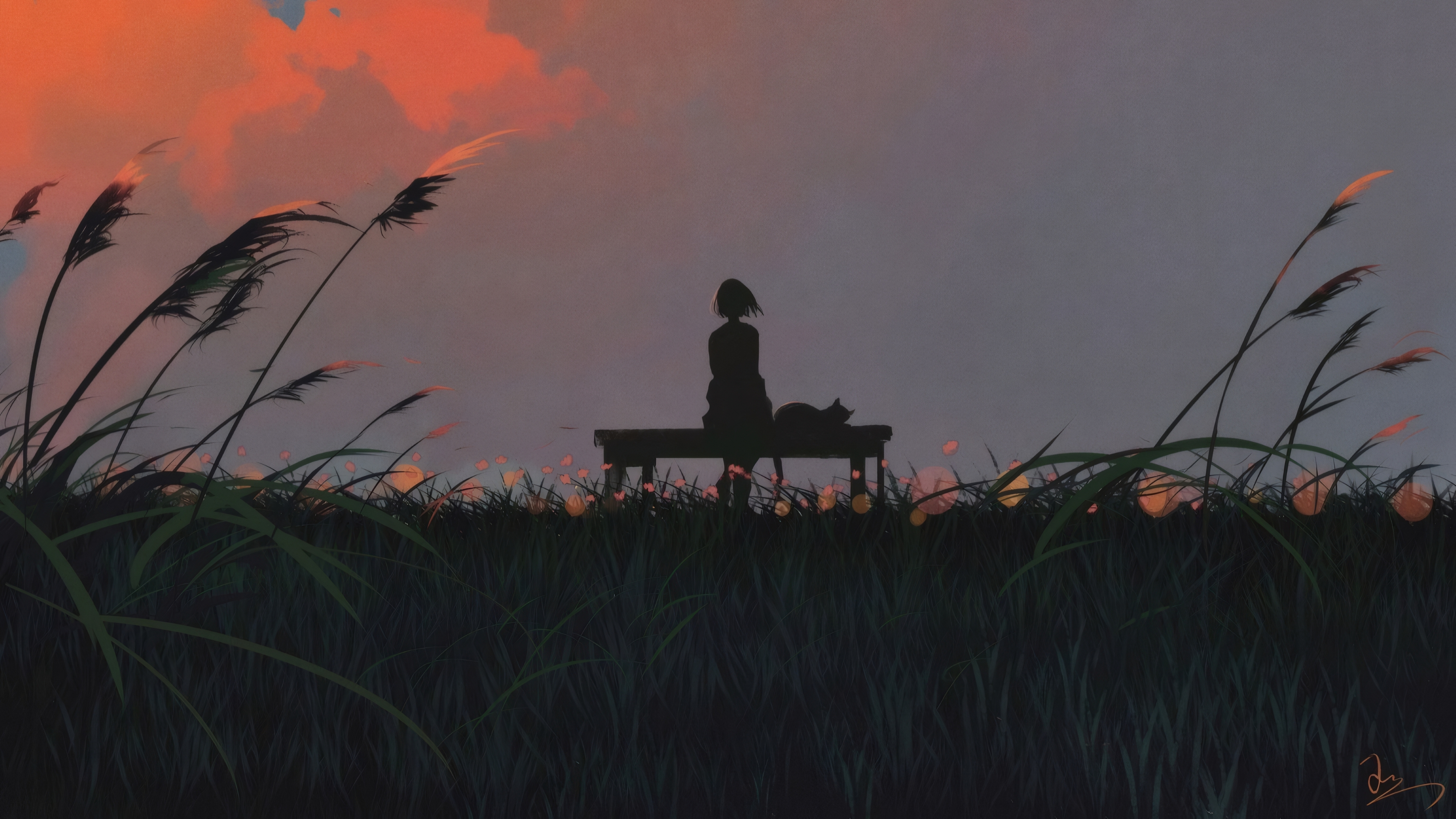 Anime Girl Sunset Bench Wallpaper 4K