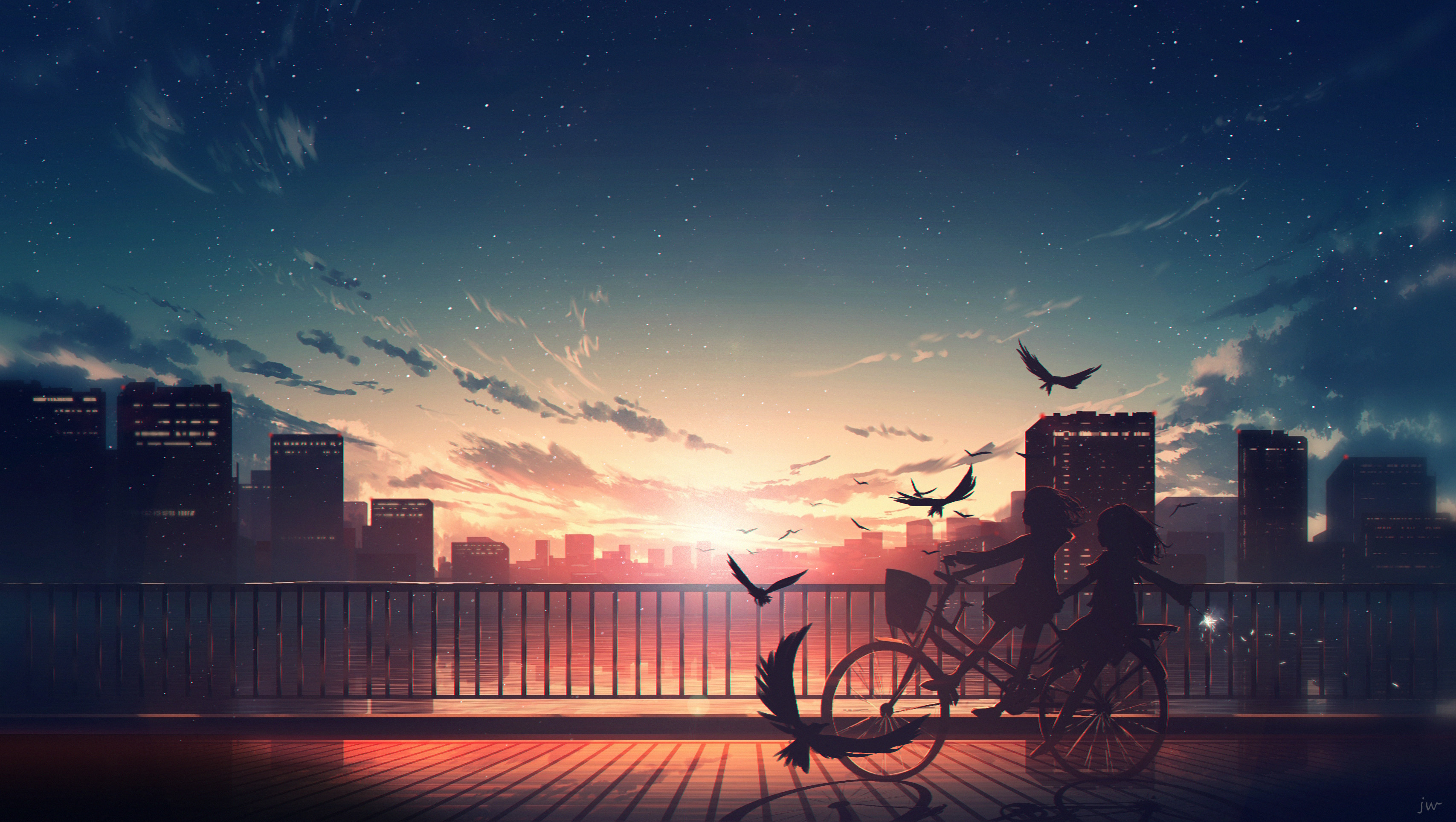 Anime Cityscape Sunset Bicycle Girl Wallpaper