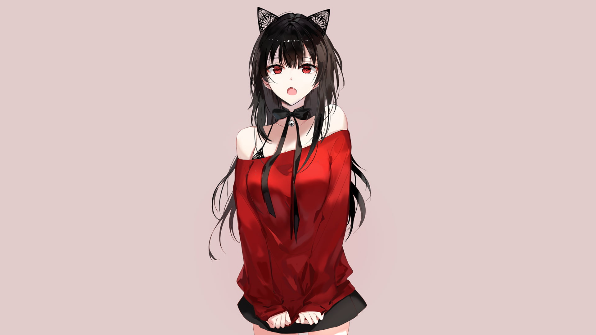 Anime Girl Cat Ears Red Sweater 4K Wallpaper