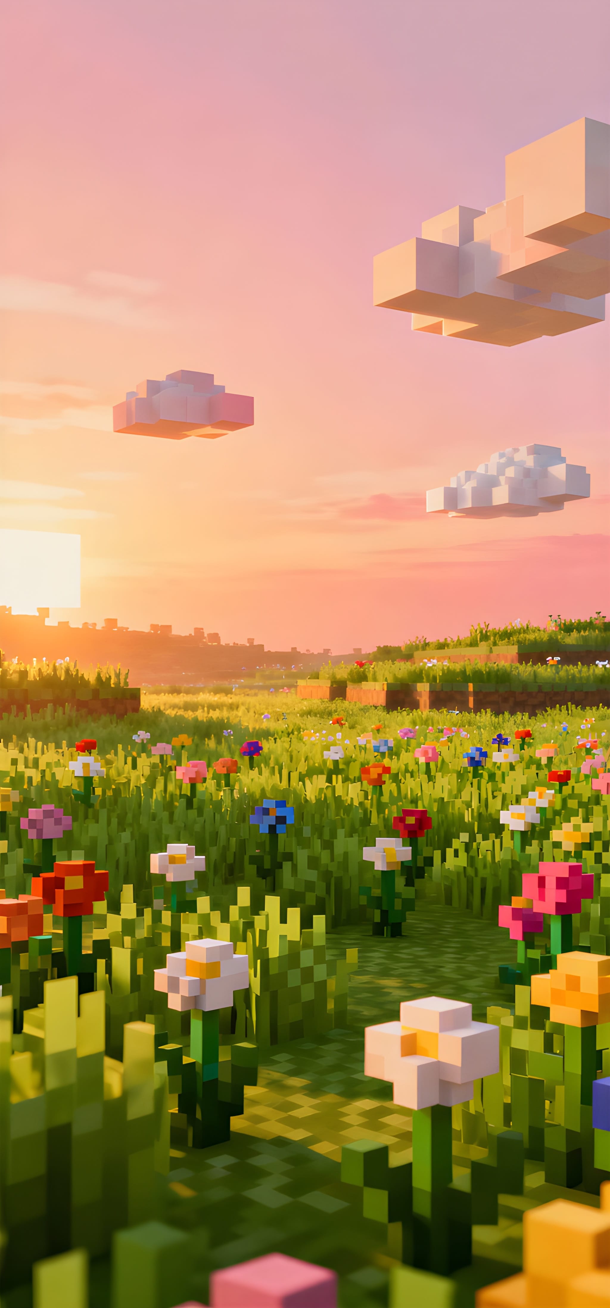 Minecraft Flower Field Sunset Wallpaper