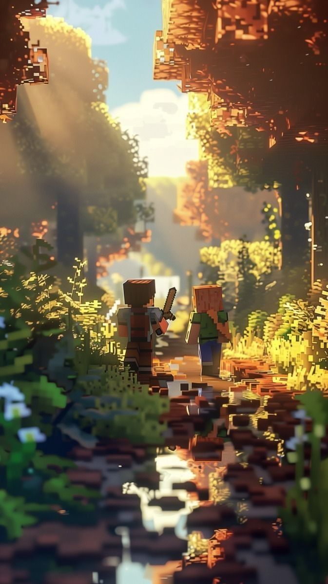 Minecraft Adventure Wallpaper – Forest Path at Sunset