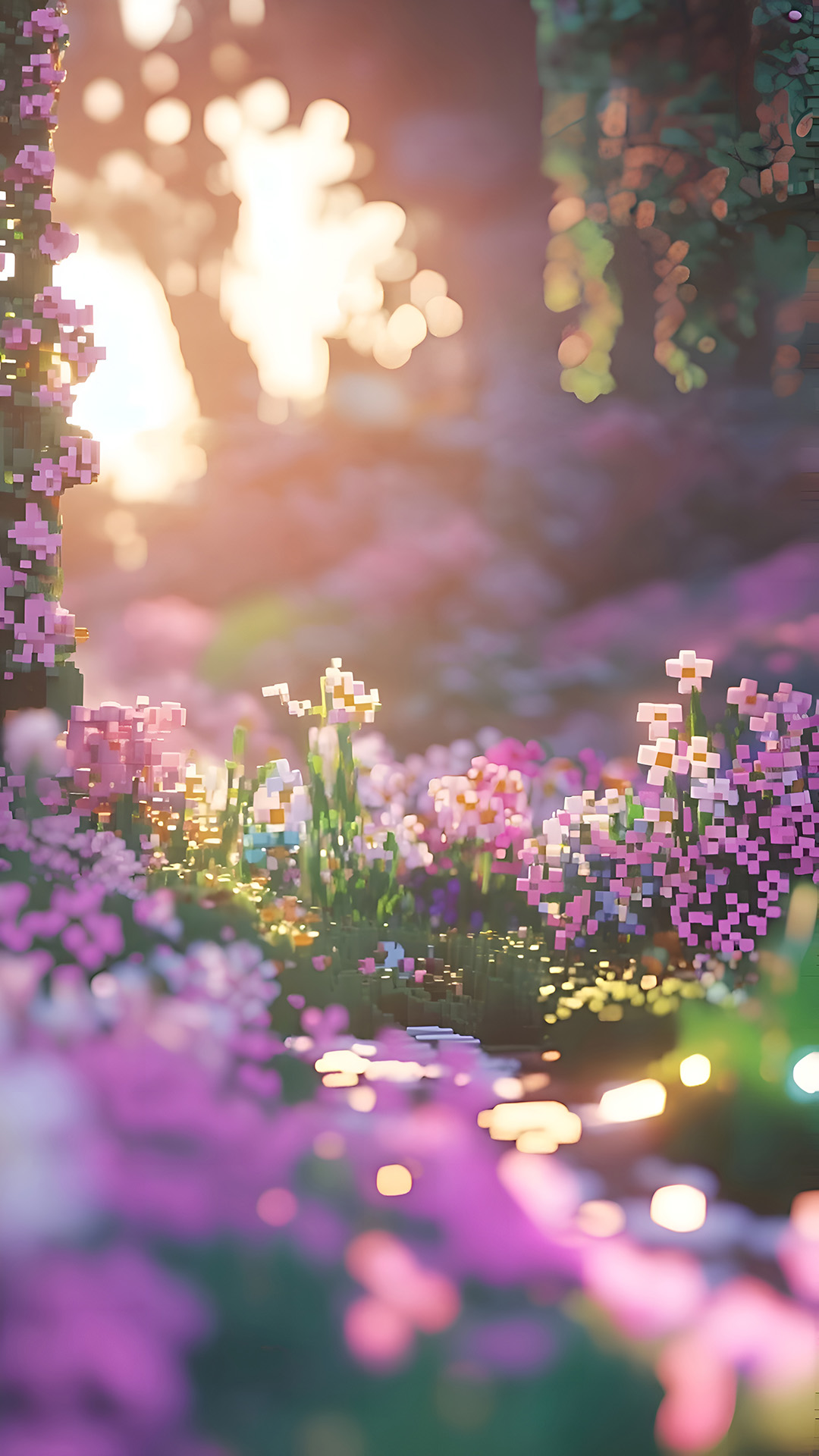 Fondo de Pantalla del Jardín de Flores de Minecraft en la Hora Dorada