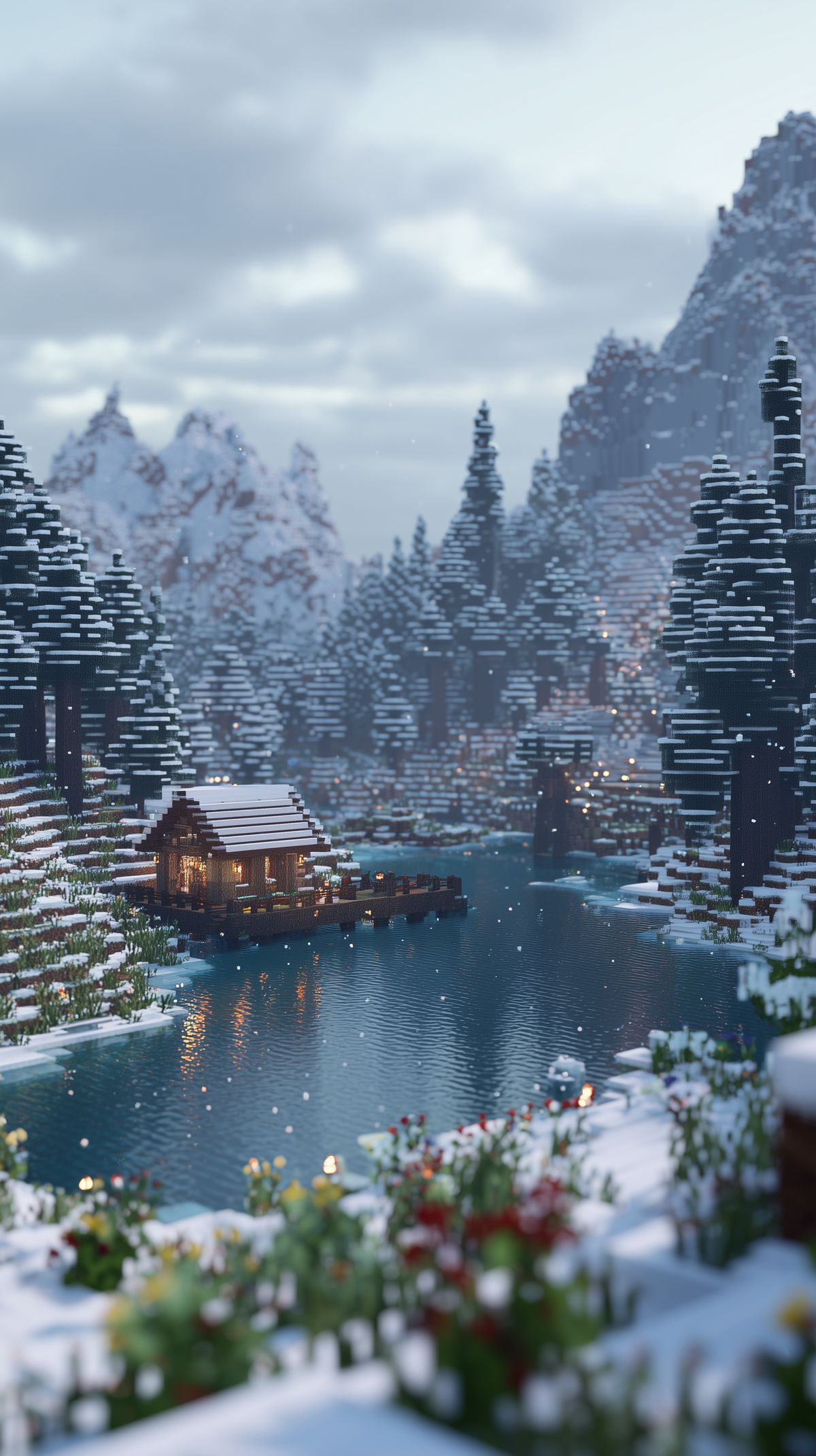 Minecraft Зимна Езерна Колиба Тапет 4K