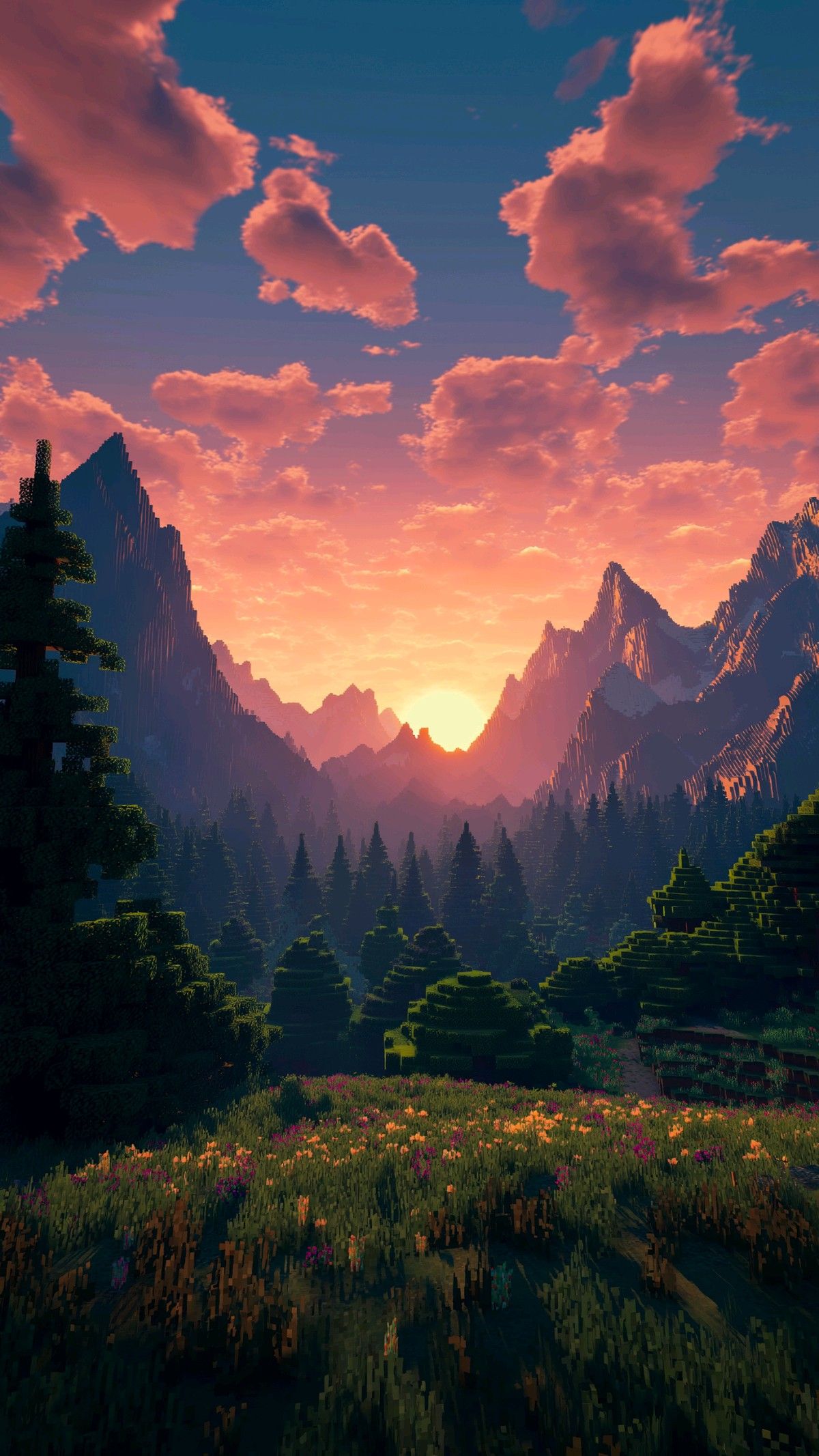 Minecraft Sunset Mountain Valley Wallpaper 4K