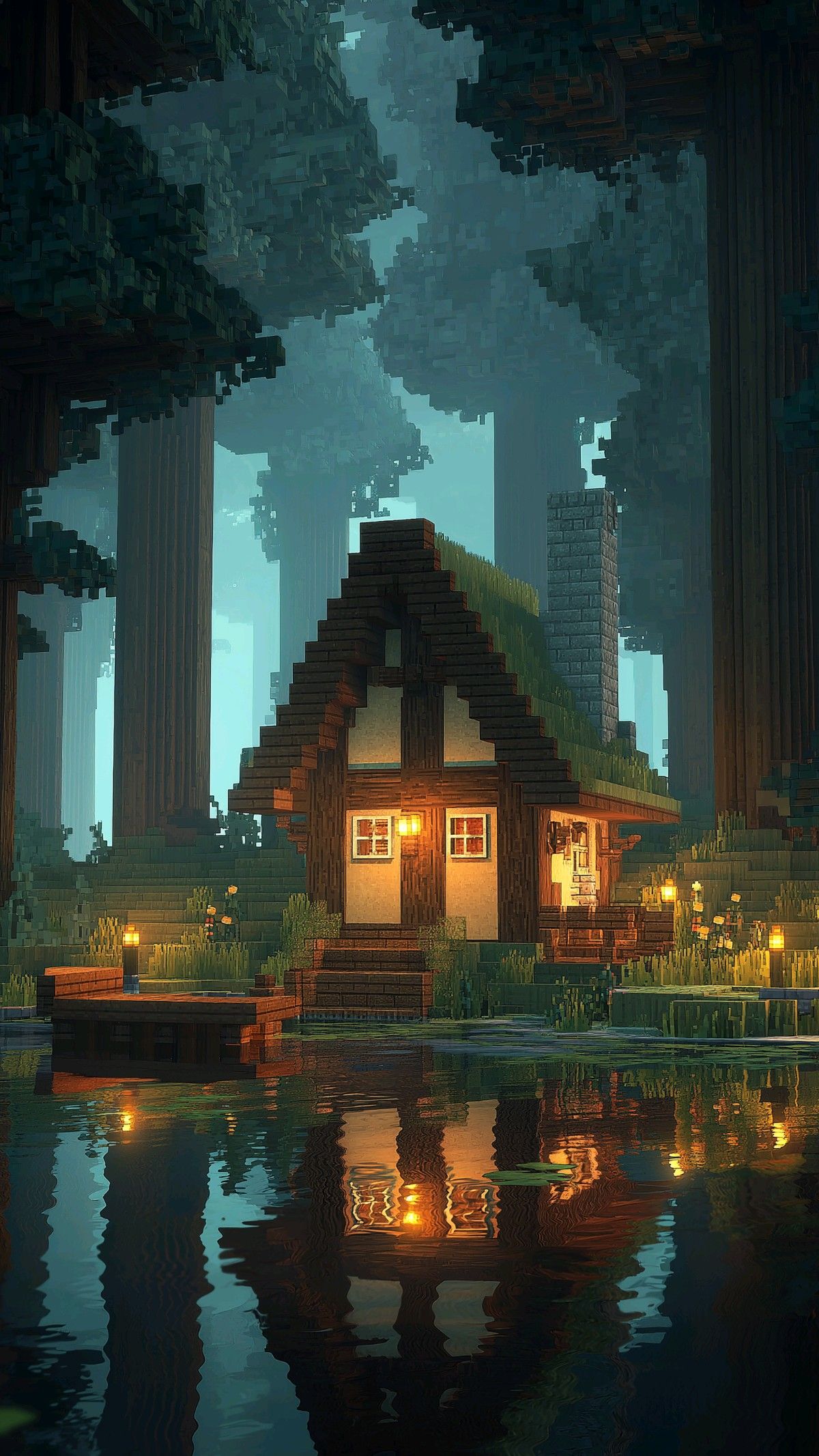 Minecraft Forest Cabin Wallpaper at Night