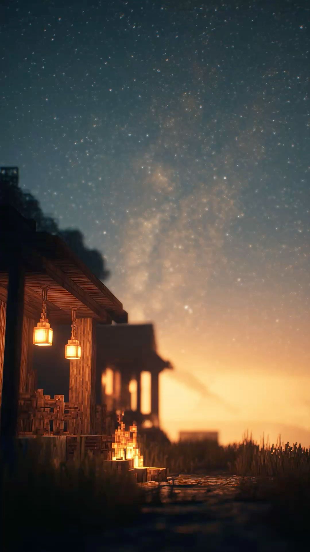 Minecraft Night Village Lantern Wallpaper