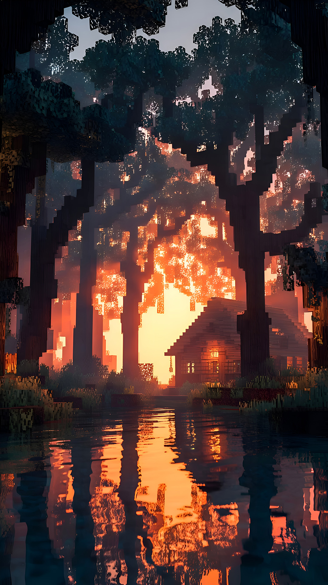 Minecraft Тапет 4K Колиба на Залез в Гора