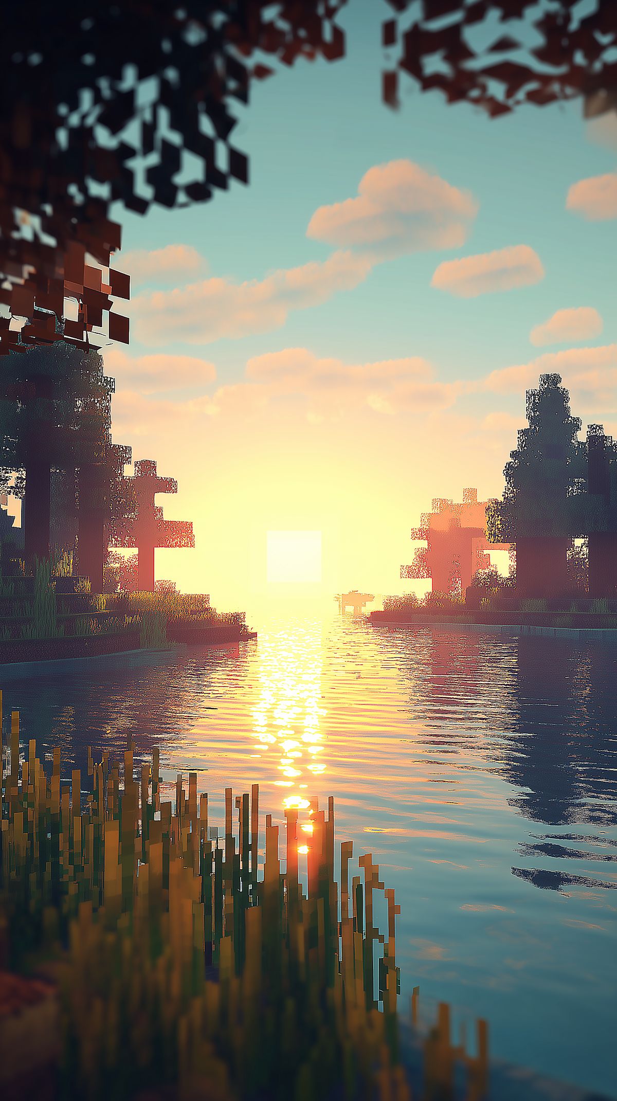 Minecraft Sunset River Landscape 4K Wallpaper