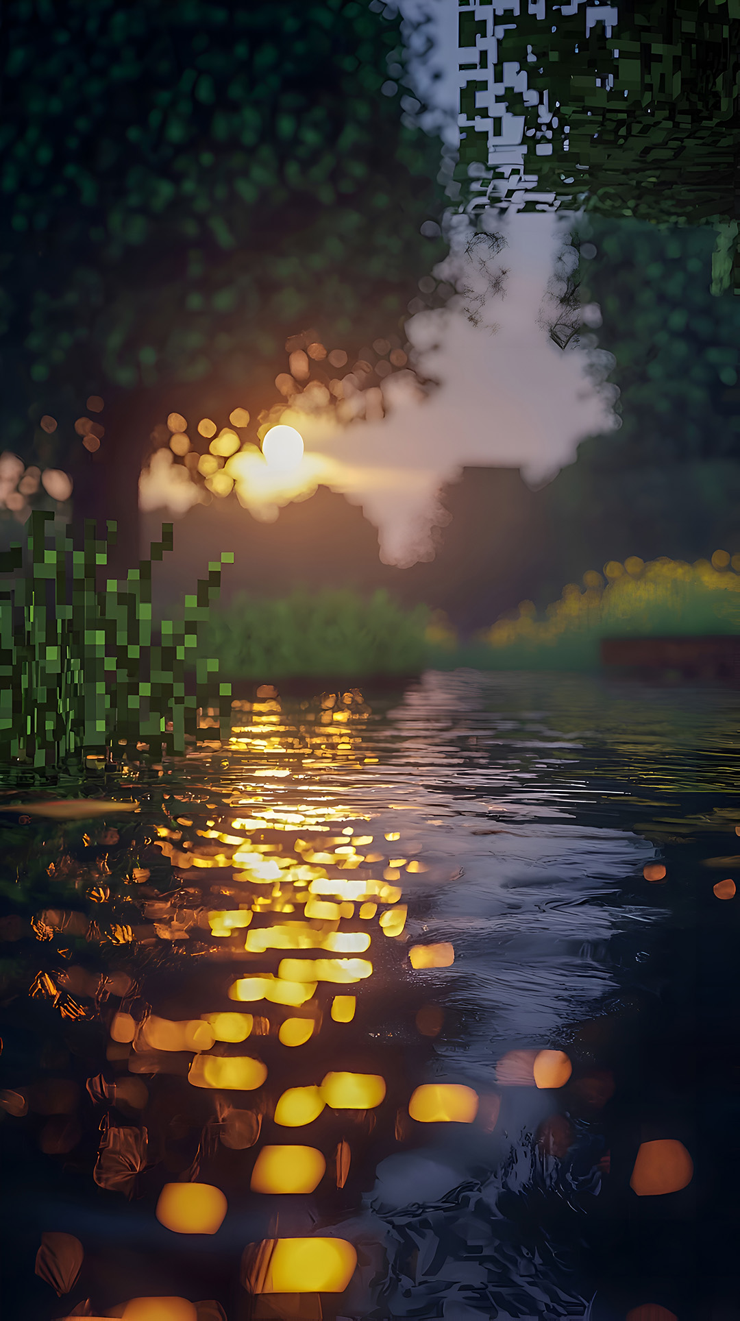 טפט מיינקראפט שקיעה על הנהר 4K