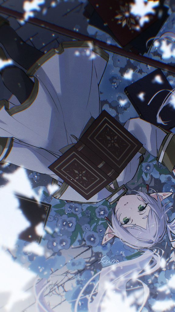 Fundal Anime Fantasy Frieren cu Flori Albastre