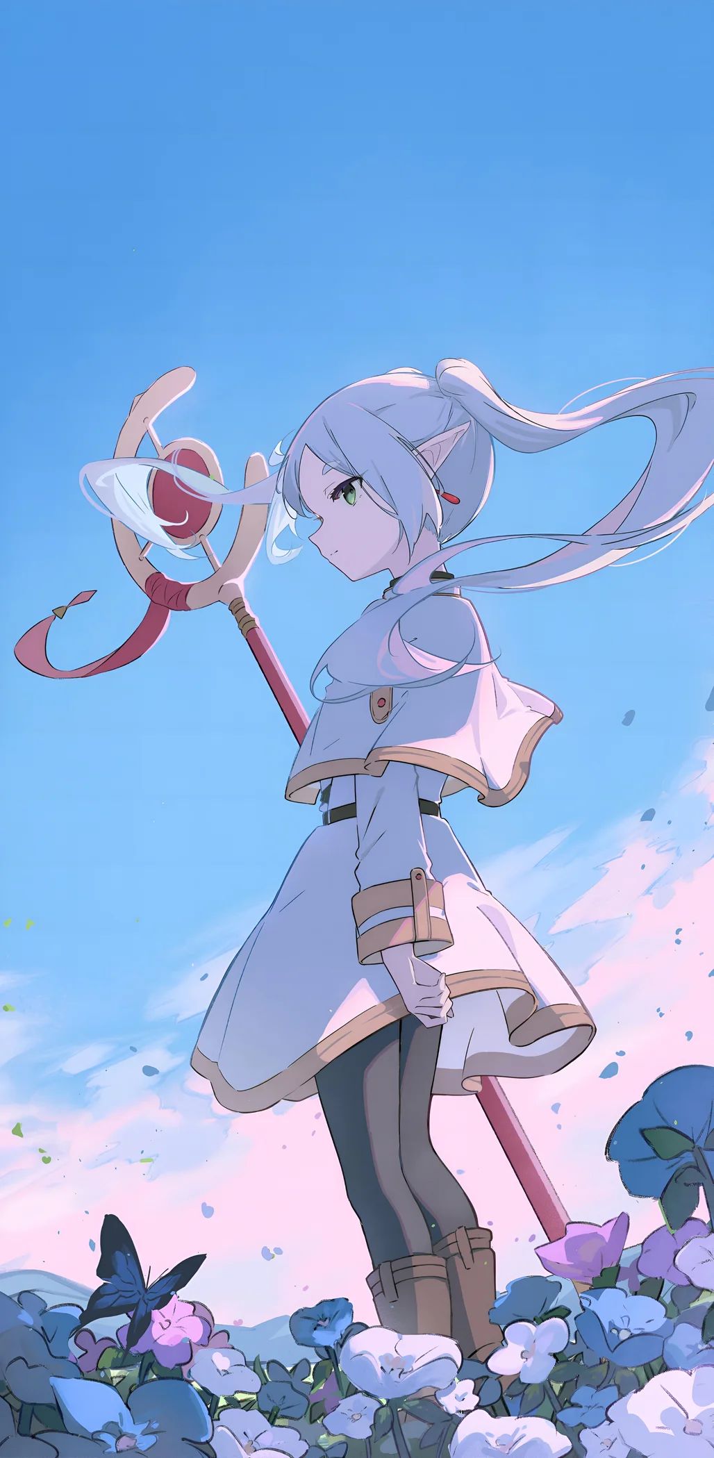 Frieren Magic Staff Flower Field 4K Wallpaper