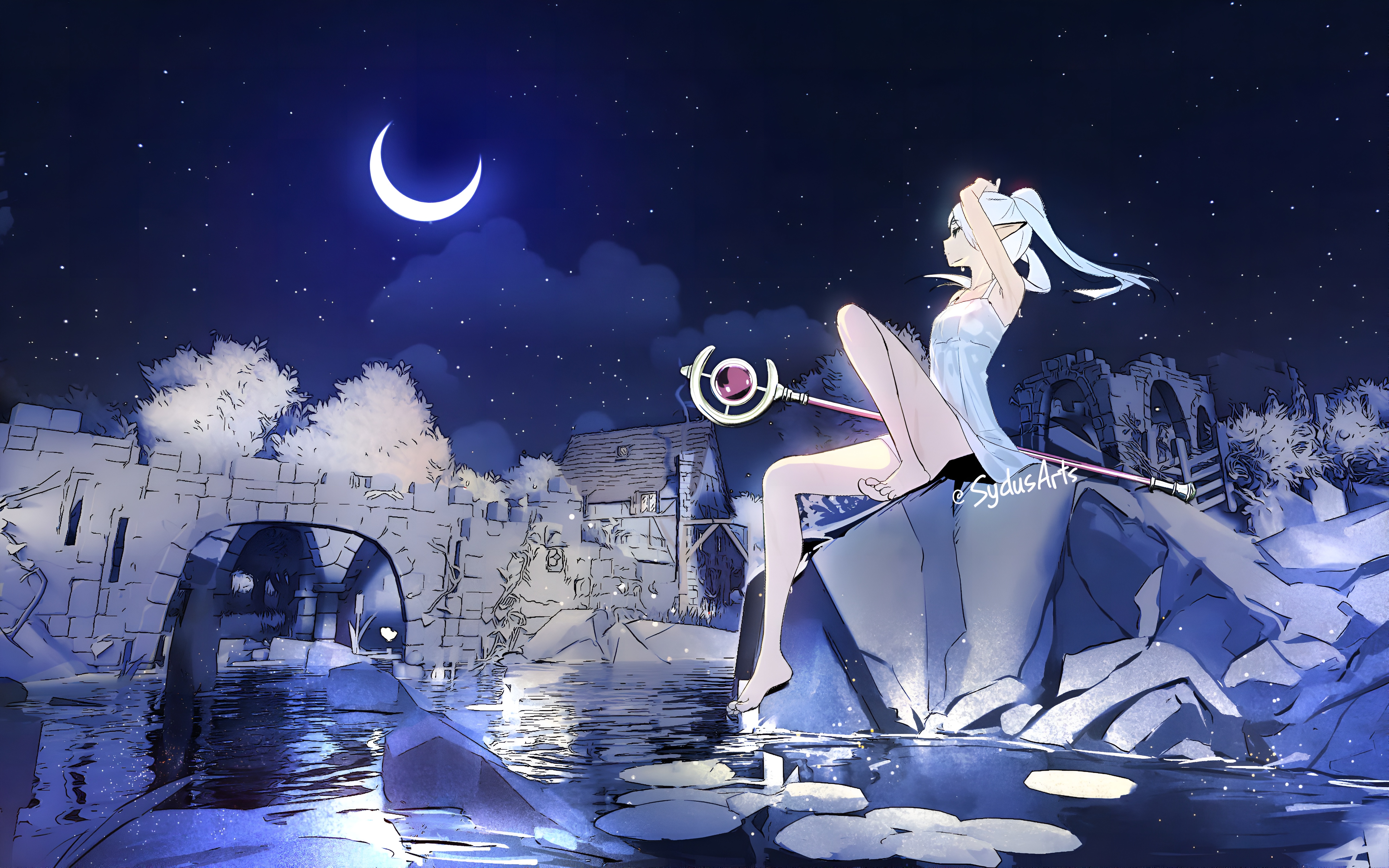 Frieren Moonlit Night Fantasy Wallpaper