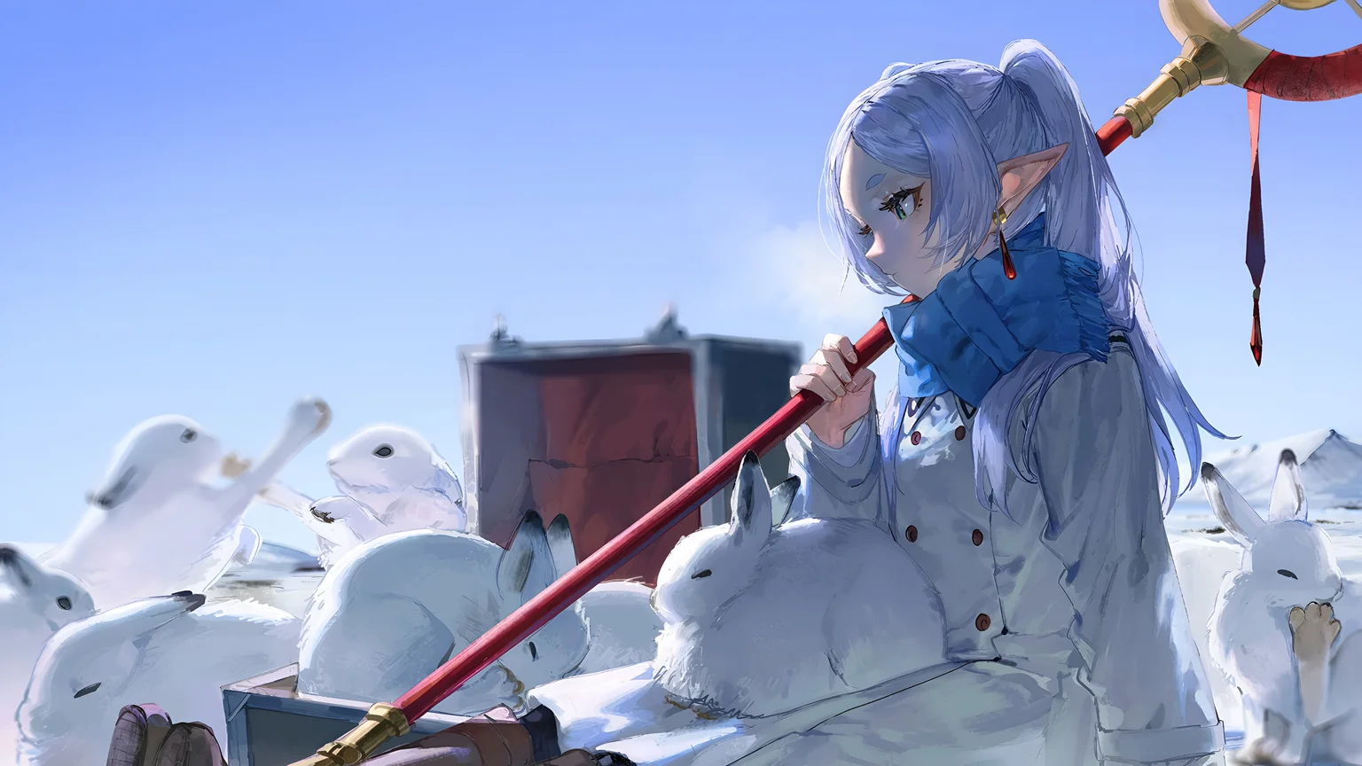 Frieren Wallpaper – Elfen-Magierin in verschneiter Landschaft