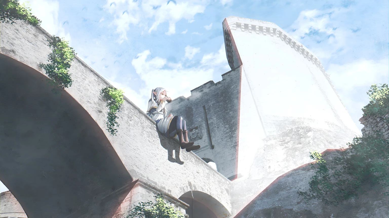 Frieren Sitting on Ancient Ruins Wallpaper