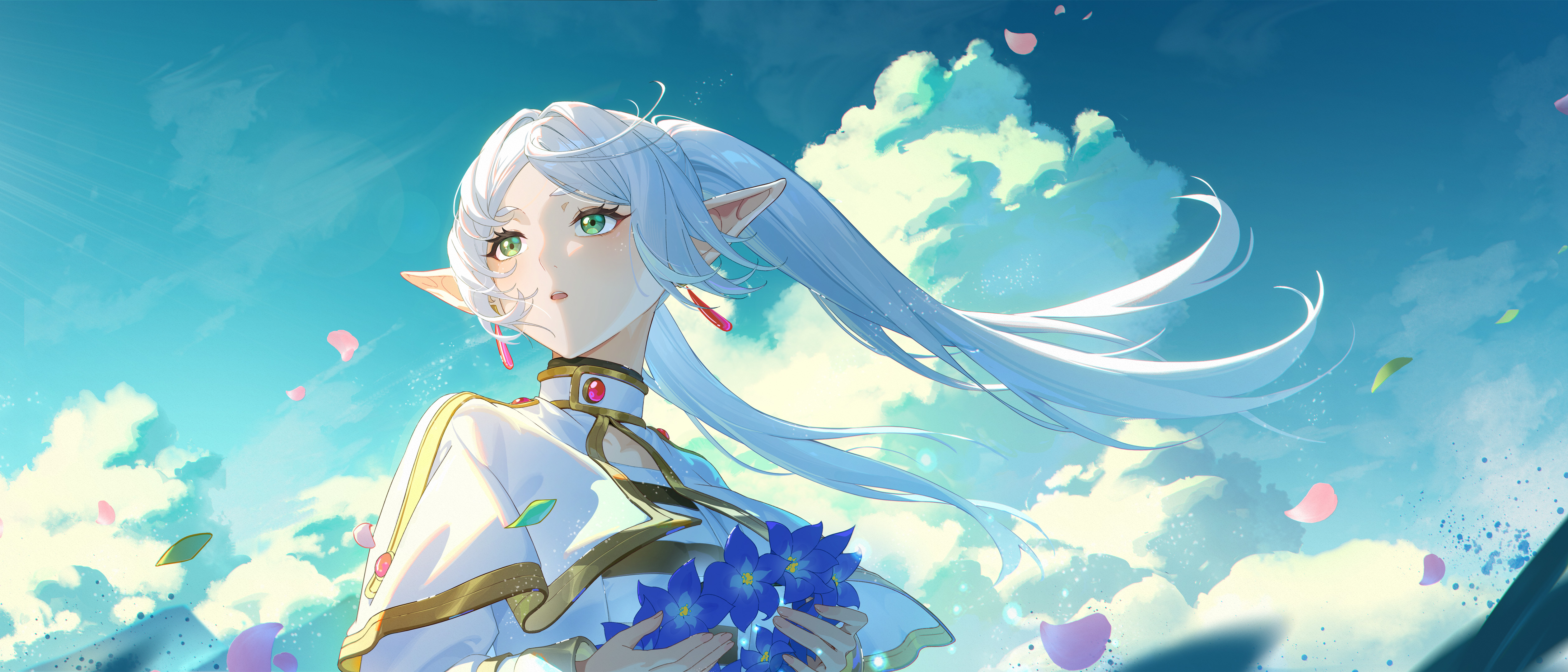 Frieren Elf Wallpaper with Blue Flowers 4K