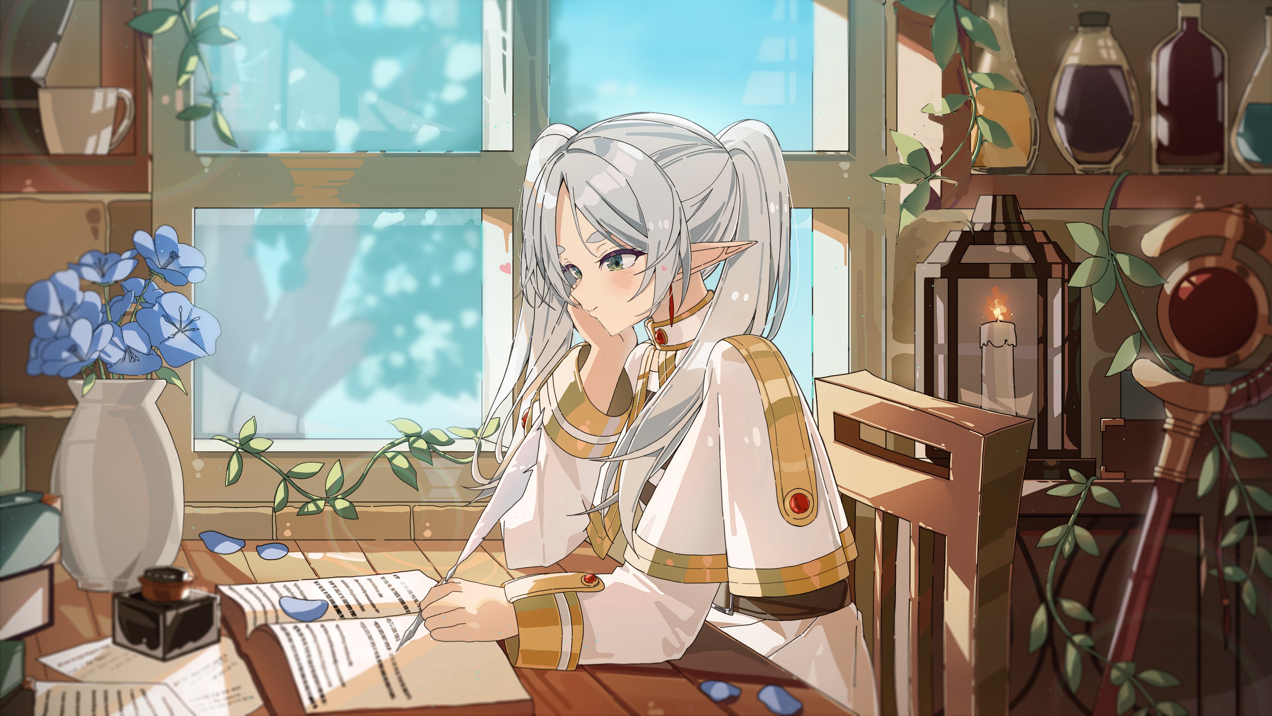 Frieren Elf Mage Writing by Window Wallpaper