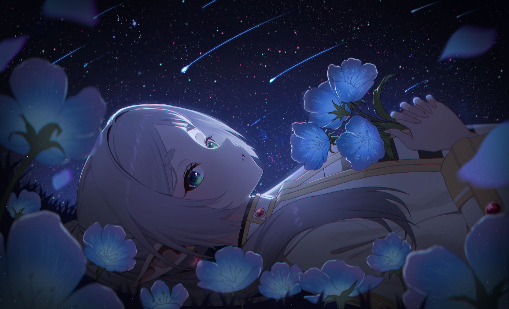 Frieren Blue Flowers Wallpaper 4K
