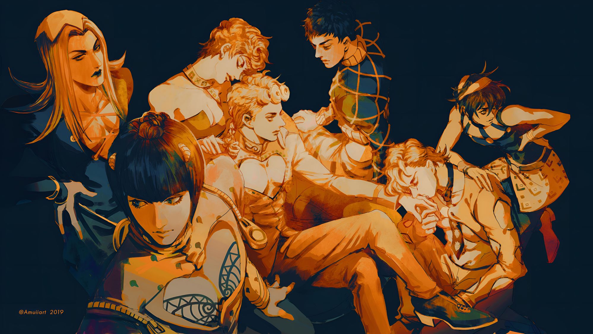 Bakgrundsbild med Rollbesättningen från JoJo's Bizarre Adventure Golden Wind
