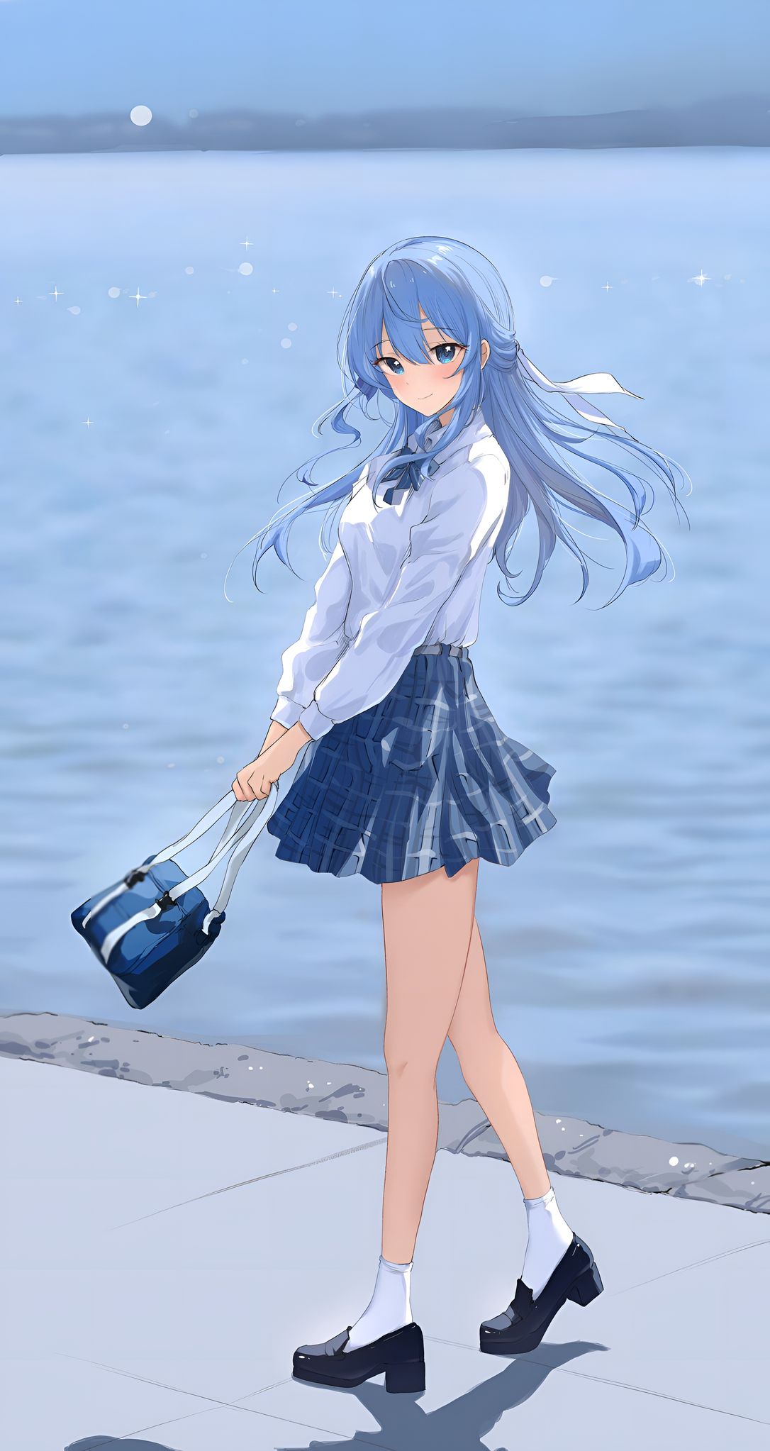 Tapet Fată Anime Păr Albastru Ocean