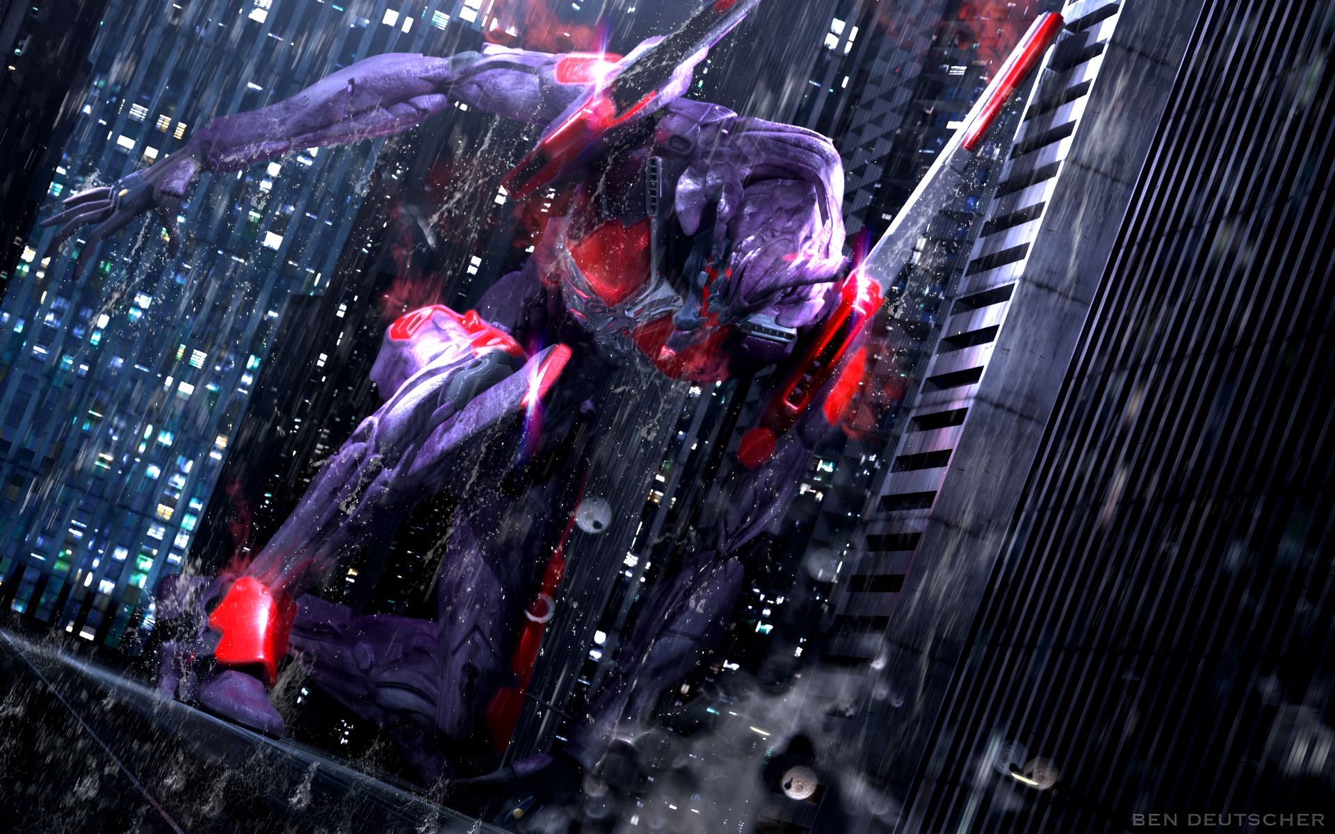 EVA Unit 01 Rain City 4K Wallpaper