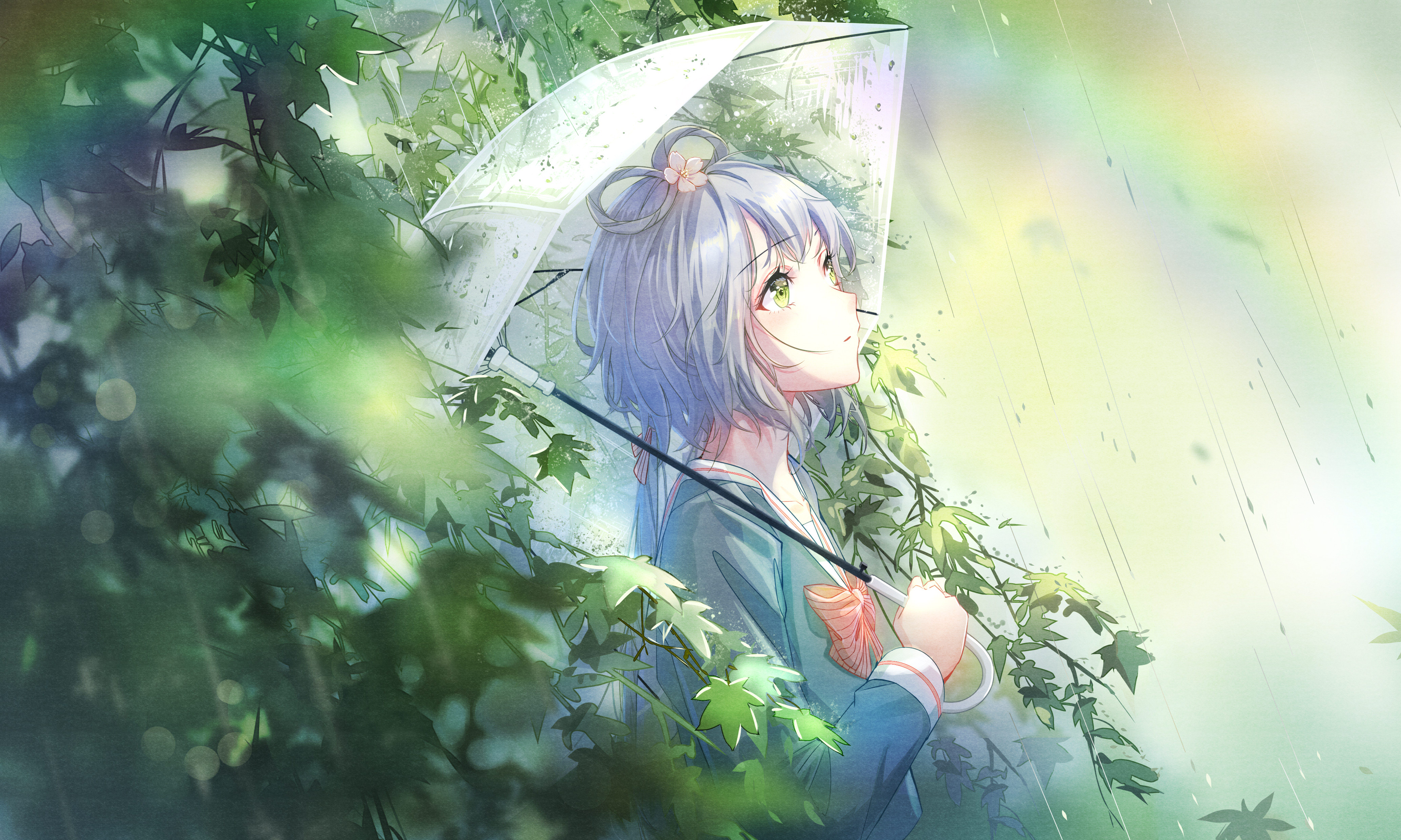 Anime Girl Rain Umbrella 4K Wallpaper