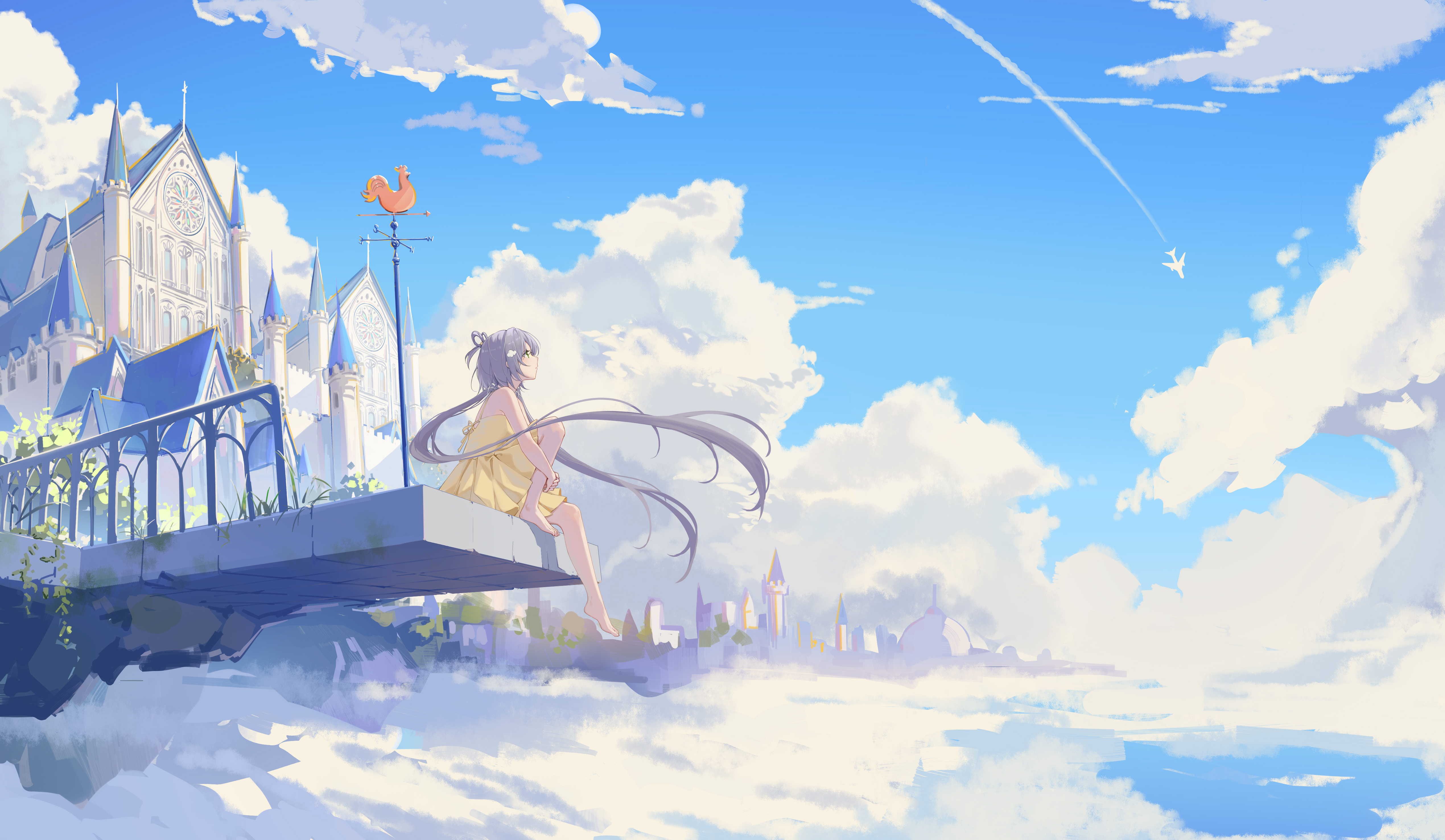 Anime Girl Sky Castle Wallpaper 4K