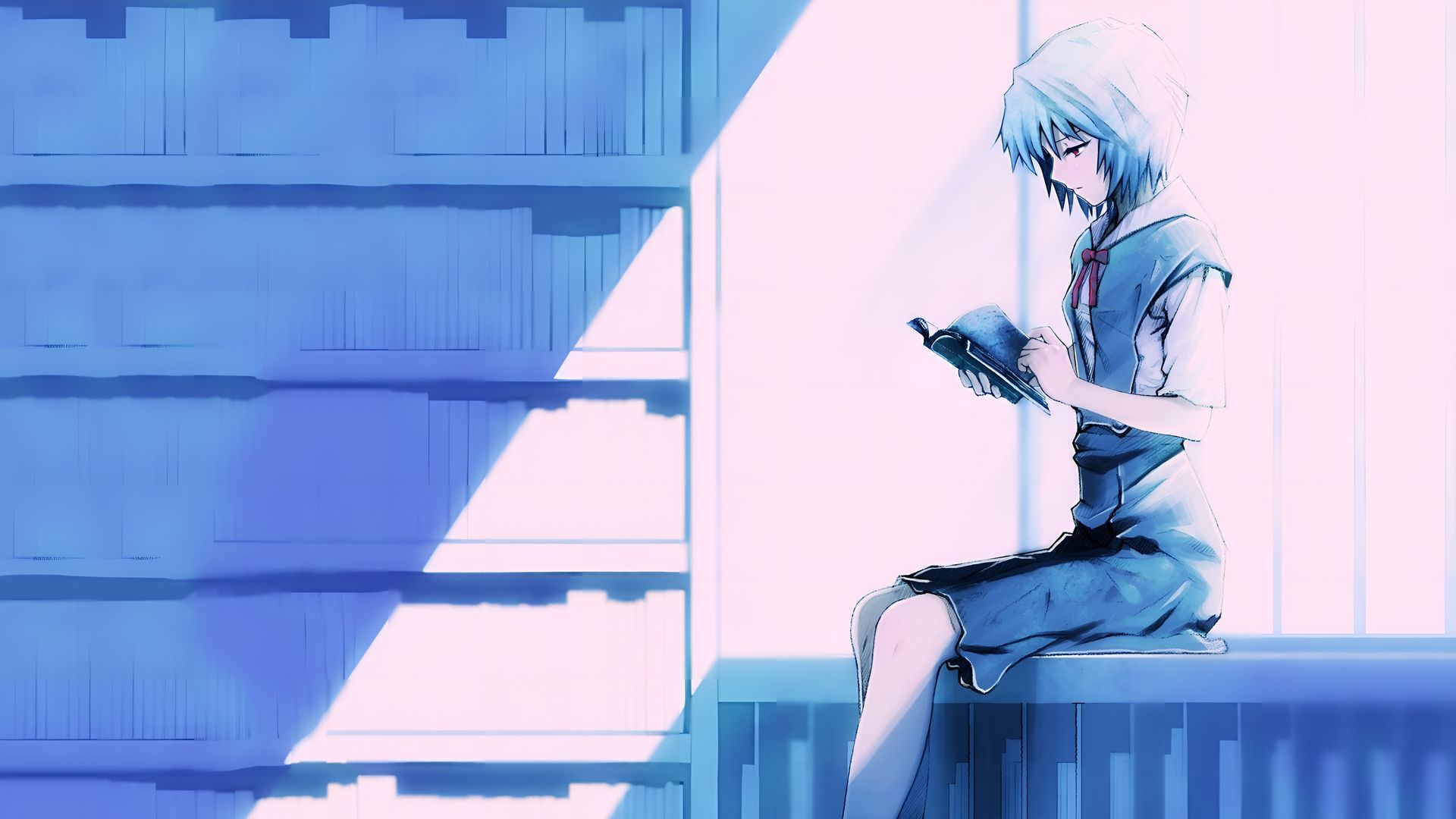 Rei Ayanami Reading in Library Wallpaper