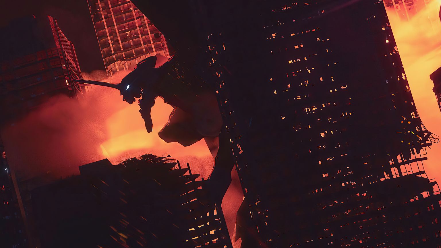 EVA Unit-01 Rises Over Burning City Wallpaper