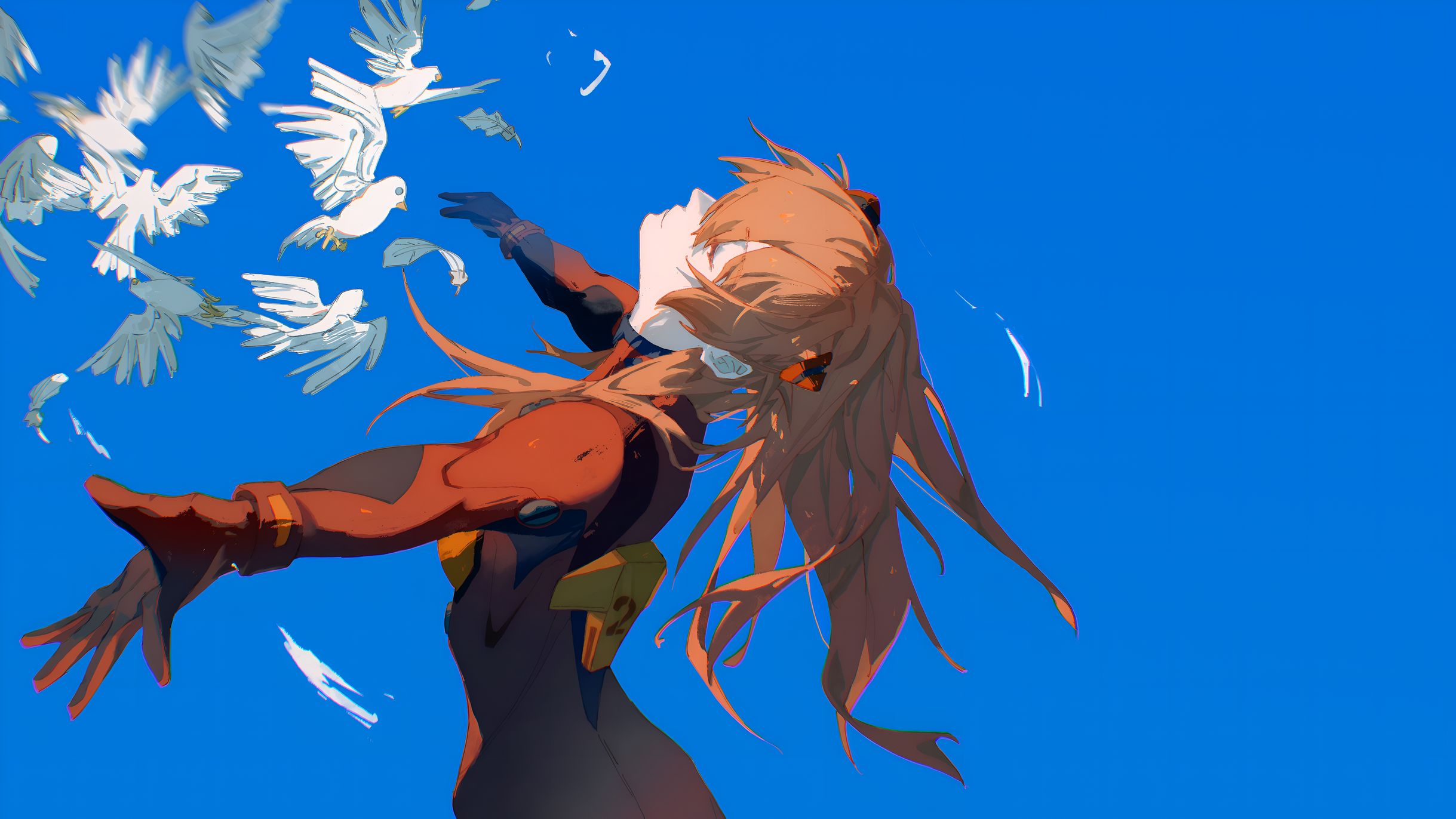 Asuka Evangelion White Doves Blue Sky Wallpaper