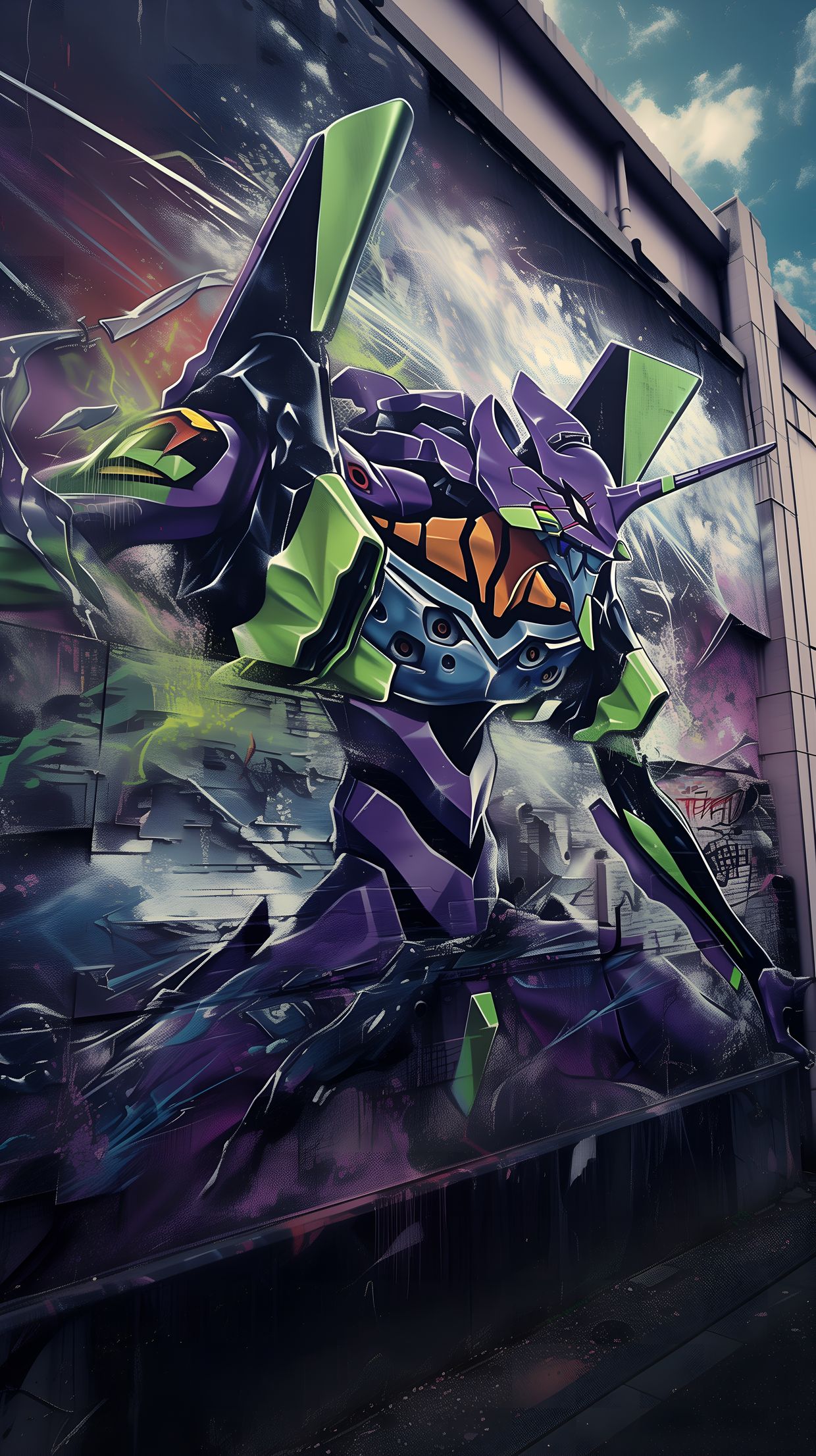 EVA Unit-01 Graffiti Mural Phone Wallpaper