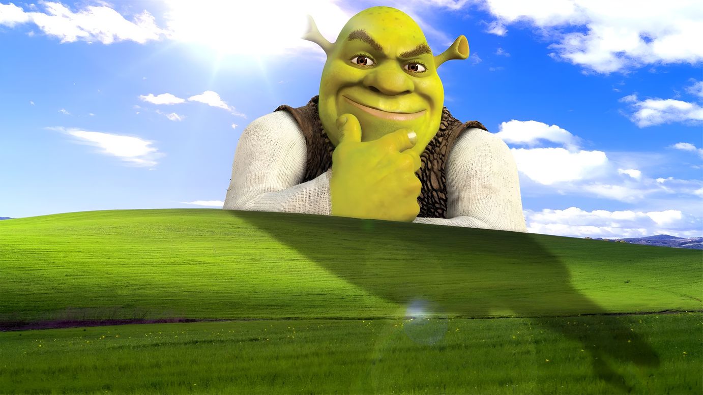 Shrek Windows XP Bliss Hill 4K Wallpaper