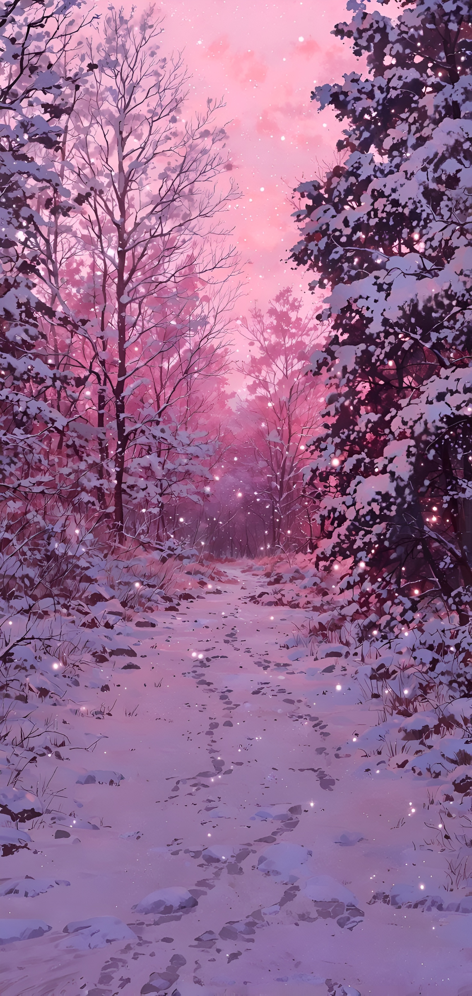 Anime Pink Winter Forest Path Wallpaper