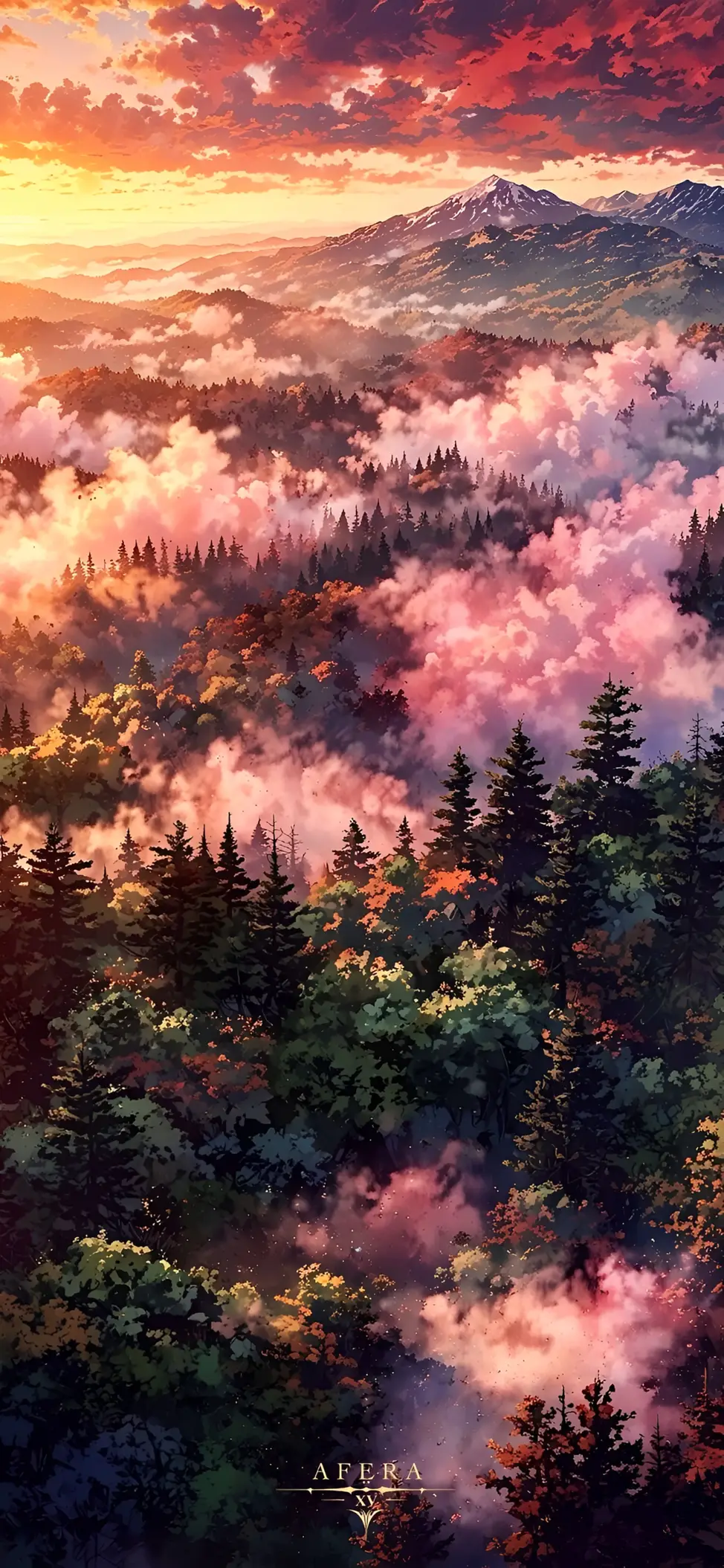 Anime Msitu Machweo ya Jua Mlima Ukungu Mandhari