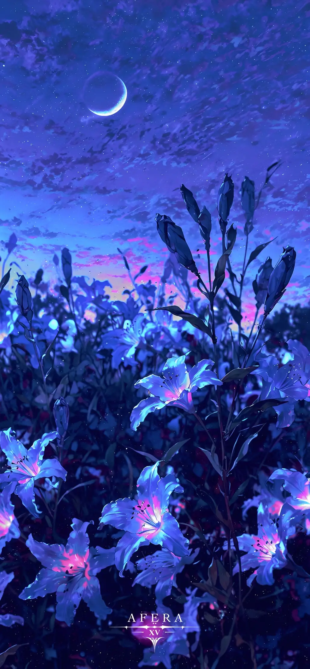Anime Uwanja wa Maua ya Lily Mwanga wa Mwezi Wallpaper Usiku